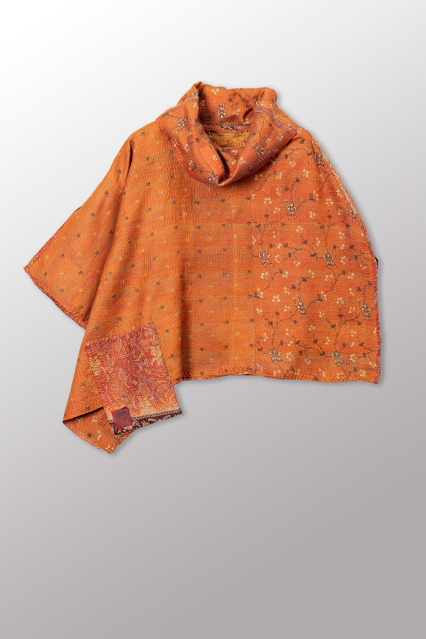 VINTAGE SILK KANTHA COWL NECK LONG CAPE - sv2842-0015a -