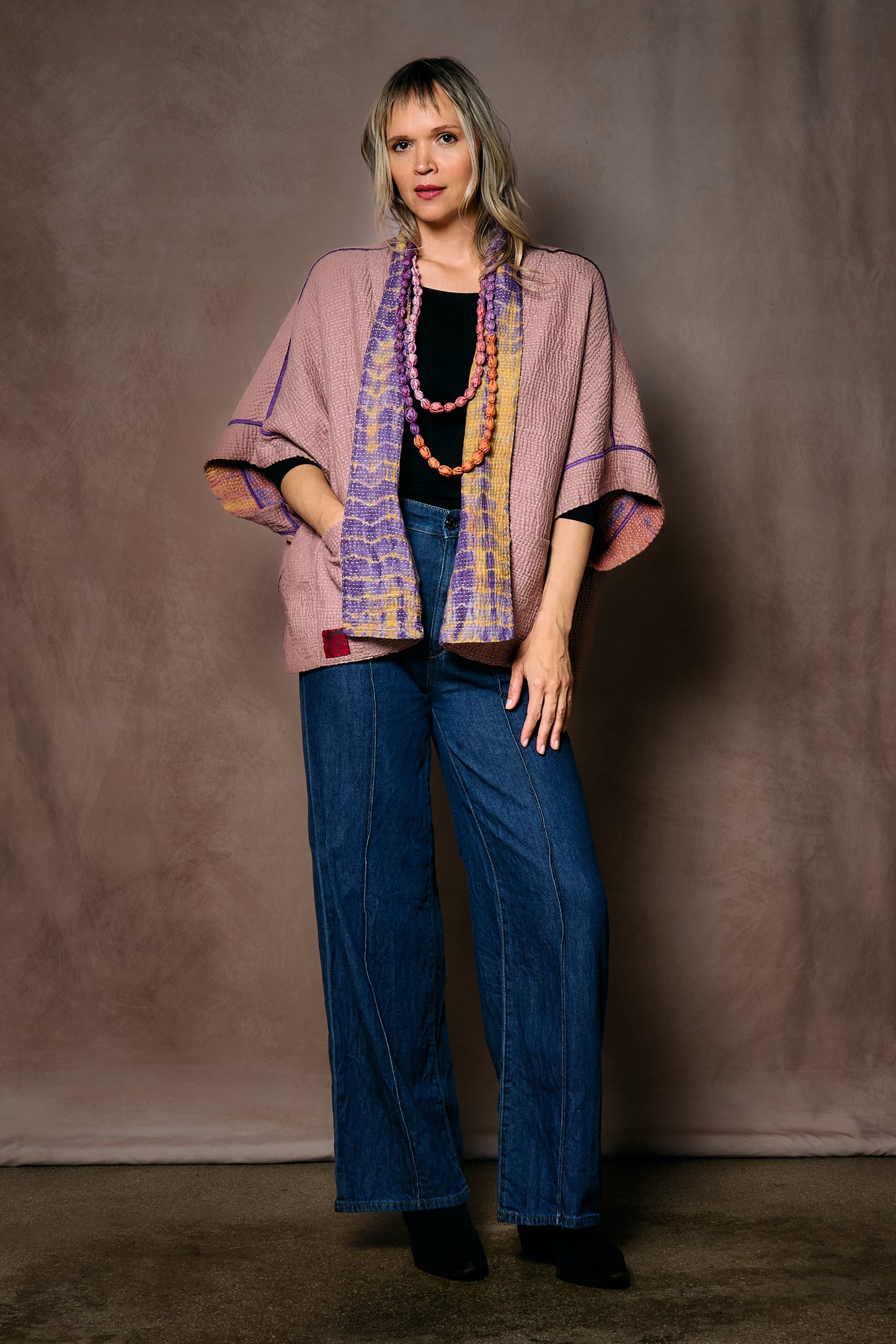MONE SHIBORI TIE DYE KANTHA MINI PONCHO - ms5060-prp -