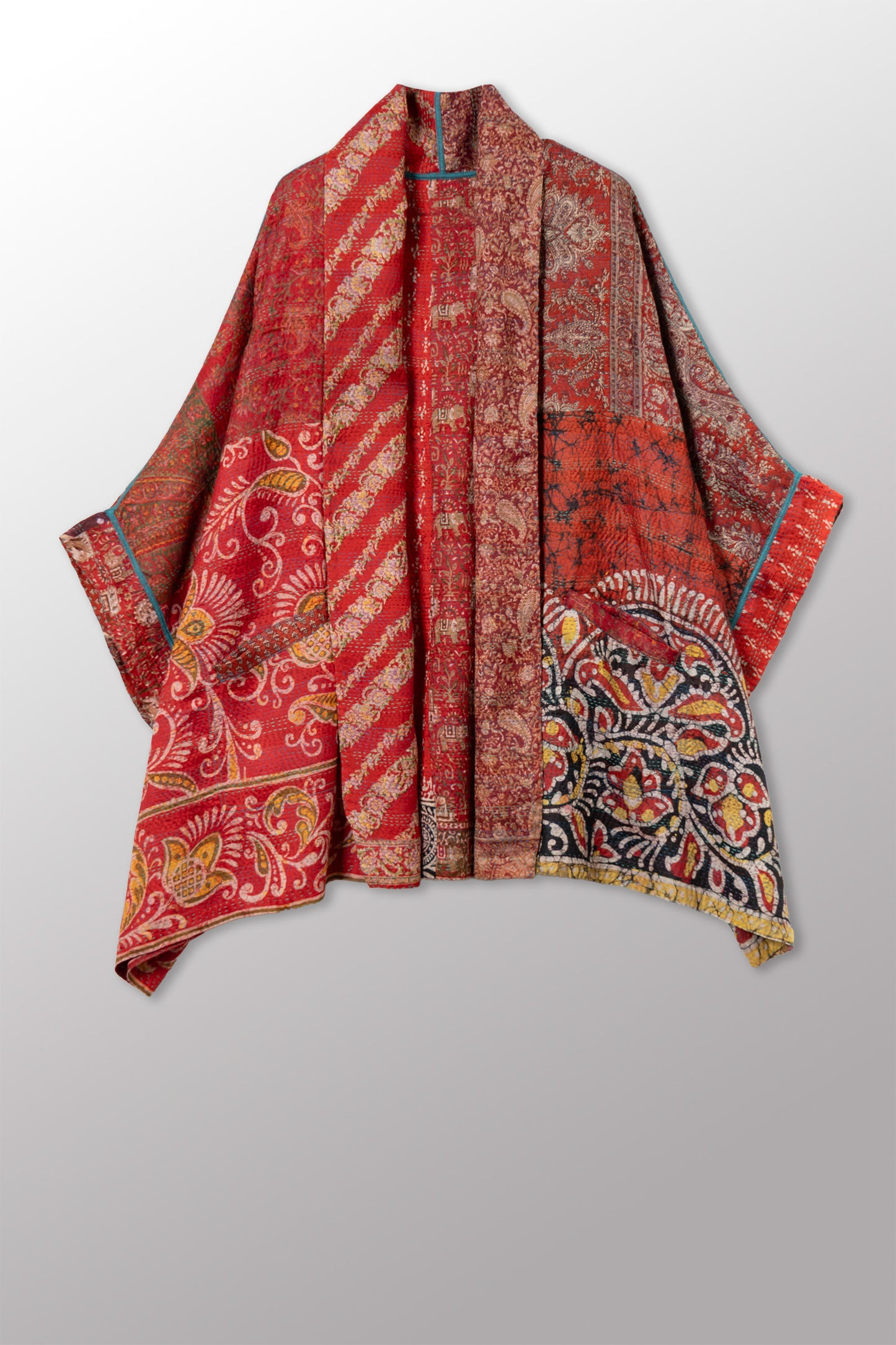 VINTAGE SILK KANTHA DOUBLE COLLAR PONCHO - sv2323-0024a -