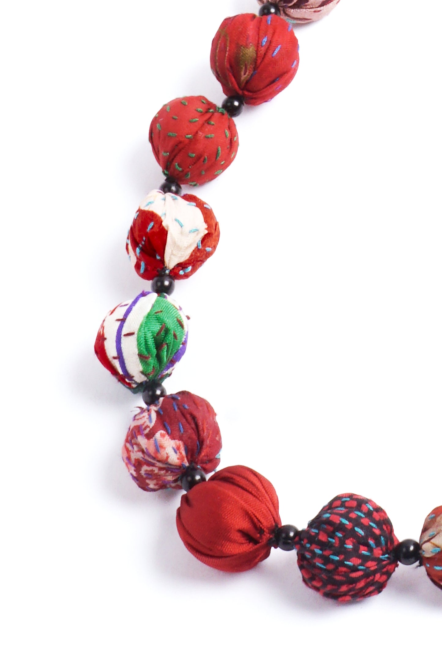 VINTAGE SILK KANTHA SMALL NUTS MEDIUM NECKLACE - sv2705-red -