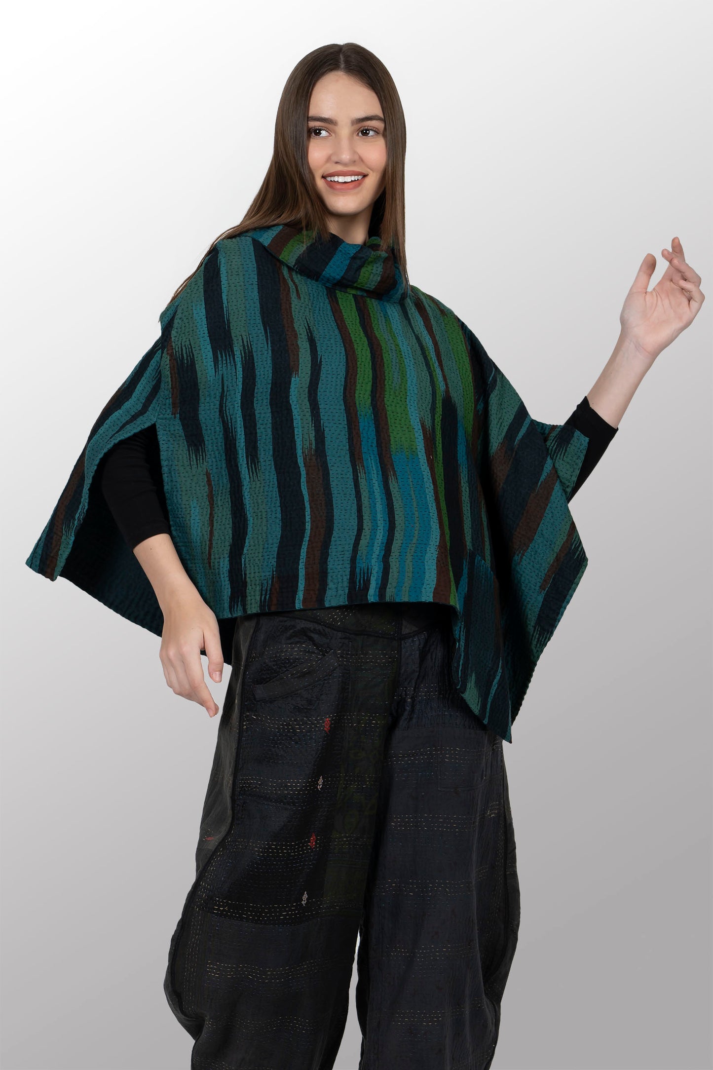 IKAT STRIPE KANTHA COWL NECK LONG CAPE - is4842-trq -