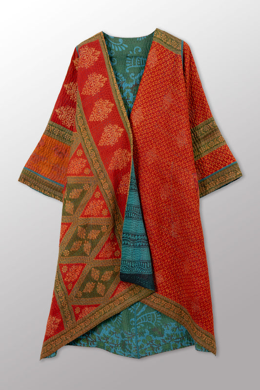 COTTON OVERDYE KANTHA WRAP FLARE COAT - ov4330-ctel005a -