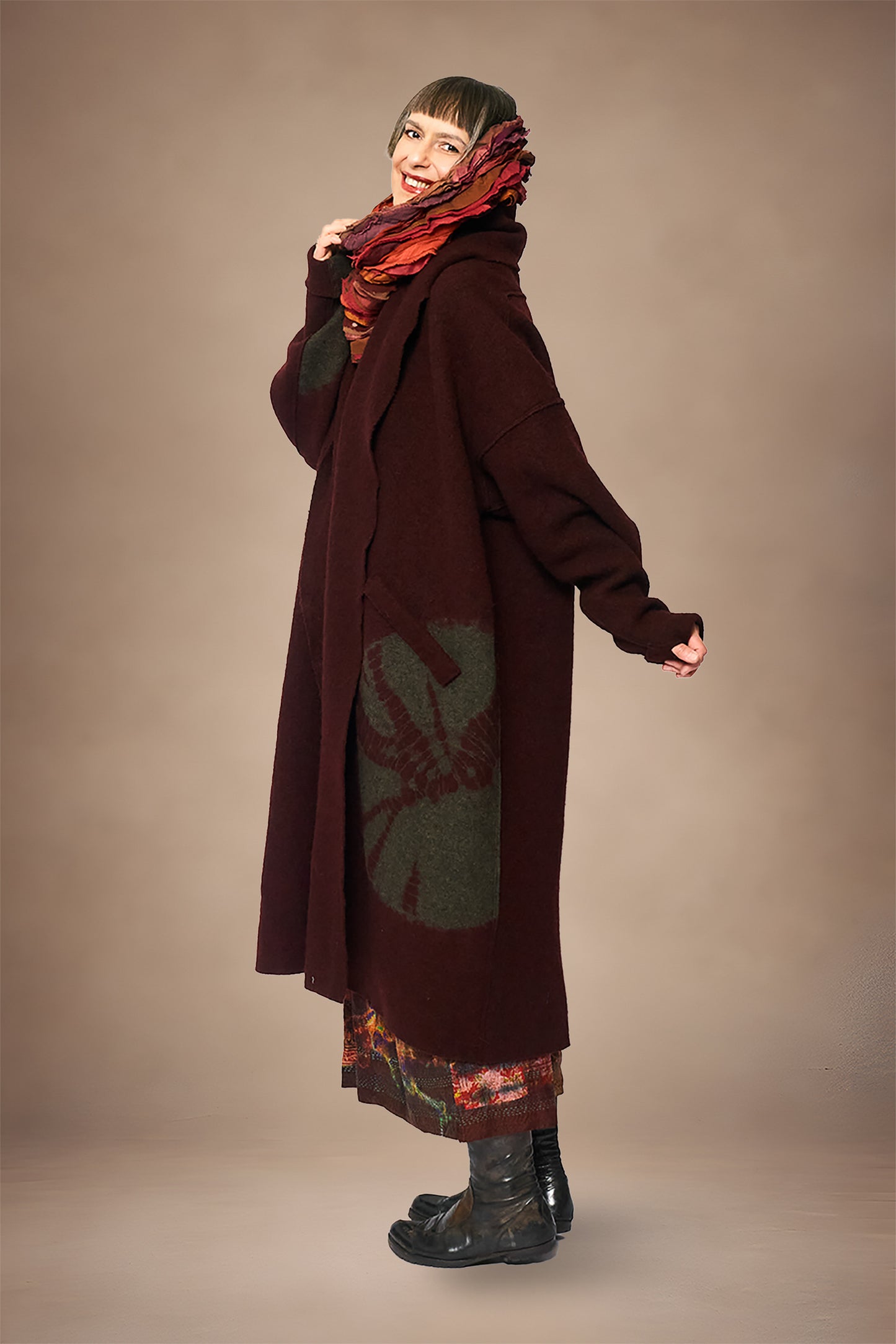 CIRCLE TIE DYE BOILED WOOL NEW SHAWL COAT LONG - tw1362-brn -