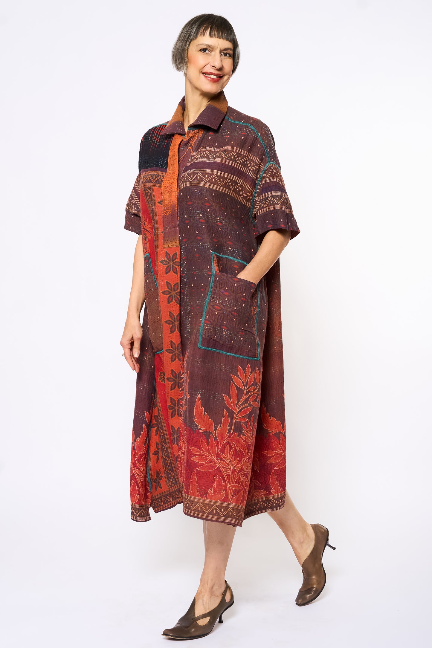 COTTON OVERDYE KANTHA WING COLLAR DRESS - ov2454-corg002a -