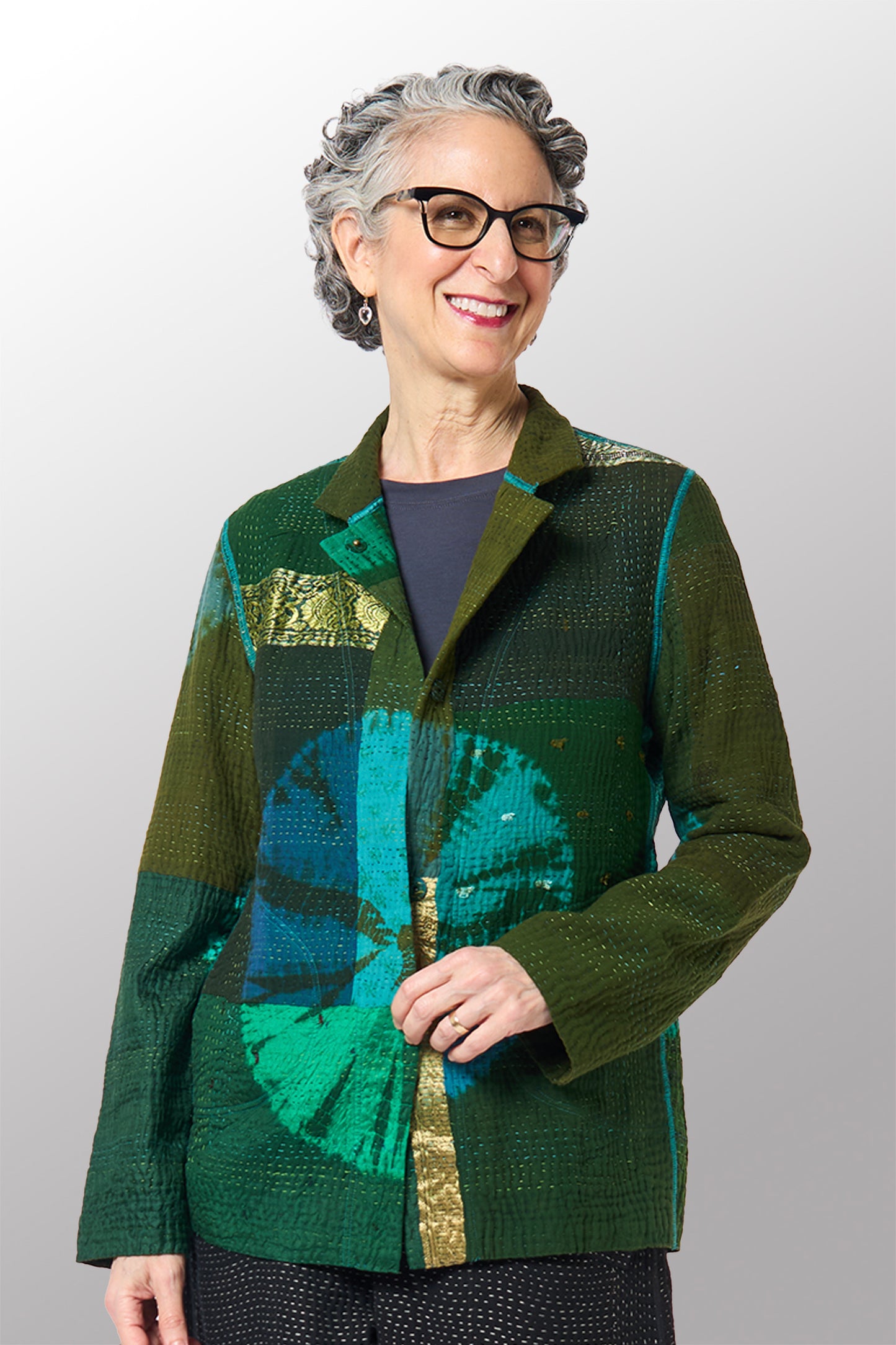 SHIBORI TIE DYE COTTON SILK SW PATCH KANTHA SIMPLE JKT - st-ws4022-grn -