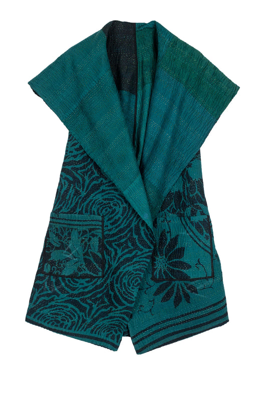 EMERALD GREEN KANTHA CIRCULAR VEST - eg4201-tel -