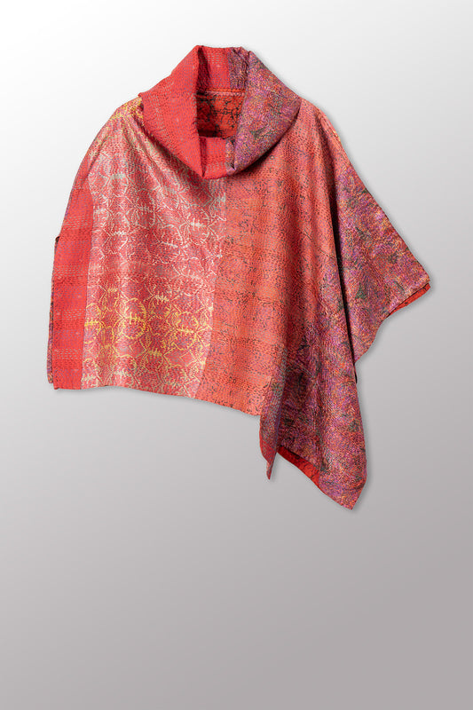 VINTAGE SILK KANTHA COWL NECK LONG CAPE - sv2842-0022a -