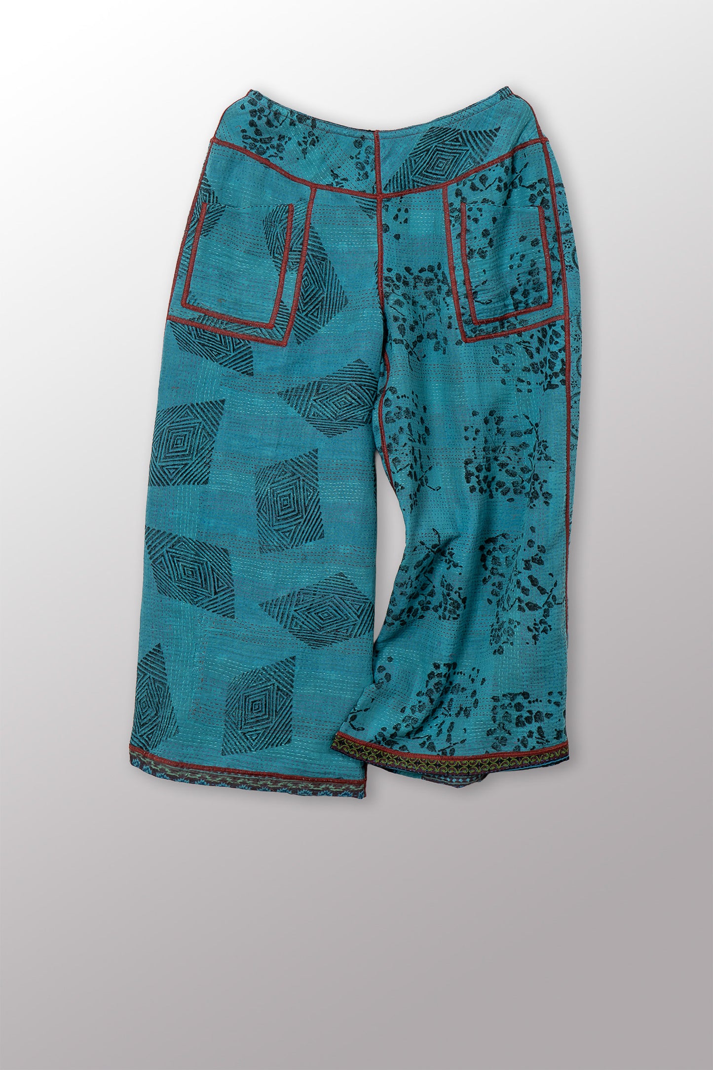 VINTAGE COTTON & NEW VOILE KANTHA MID RISE WIDE LEG PANTS - cn2665-0004m -