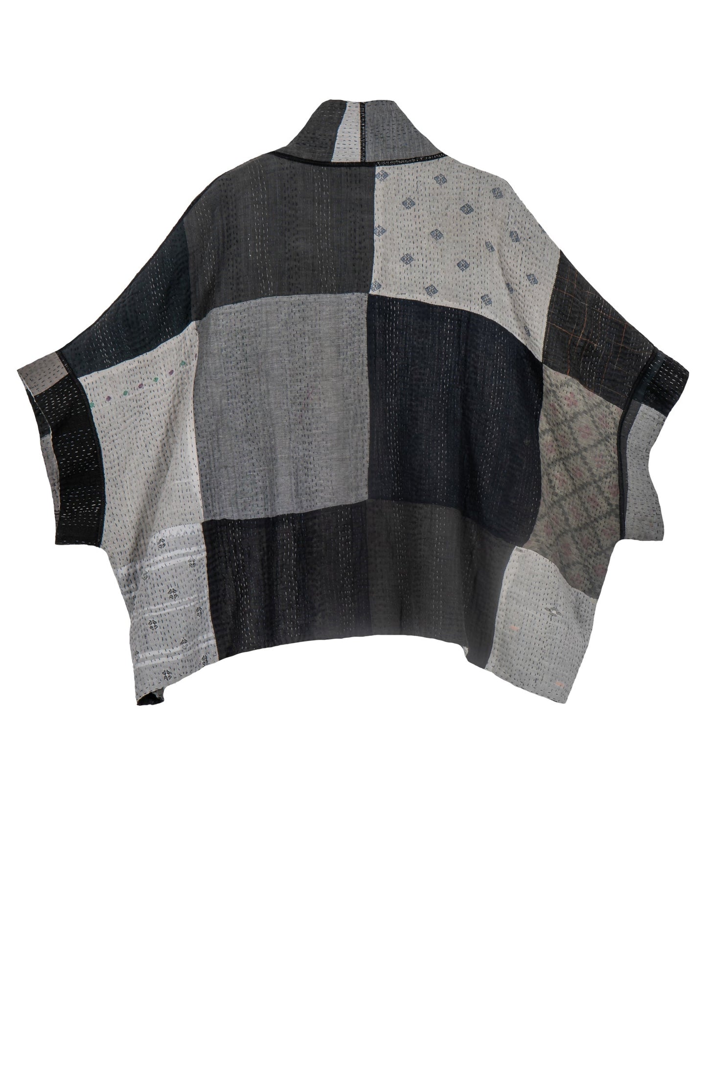 STRIPE AND CHECK COTTON SILK PATCH KANTHA MINI PONCHO - ss4060-blk -