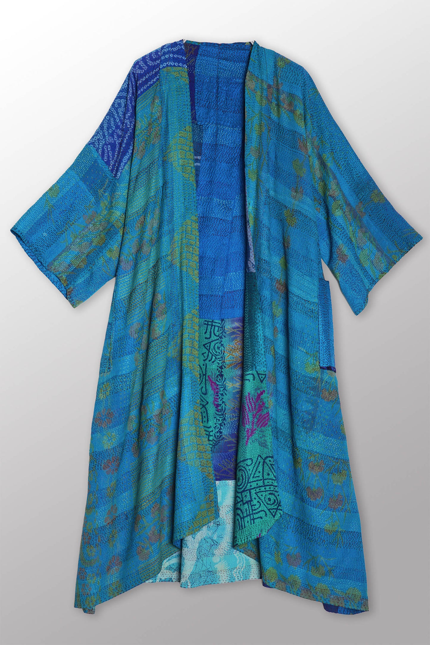 GEORGETTE VINTAGE SILK PATCH KANTHA KIMONO MAXI - gs2318-tuq -