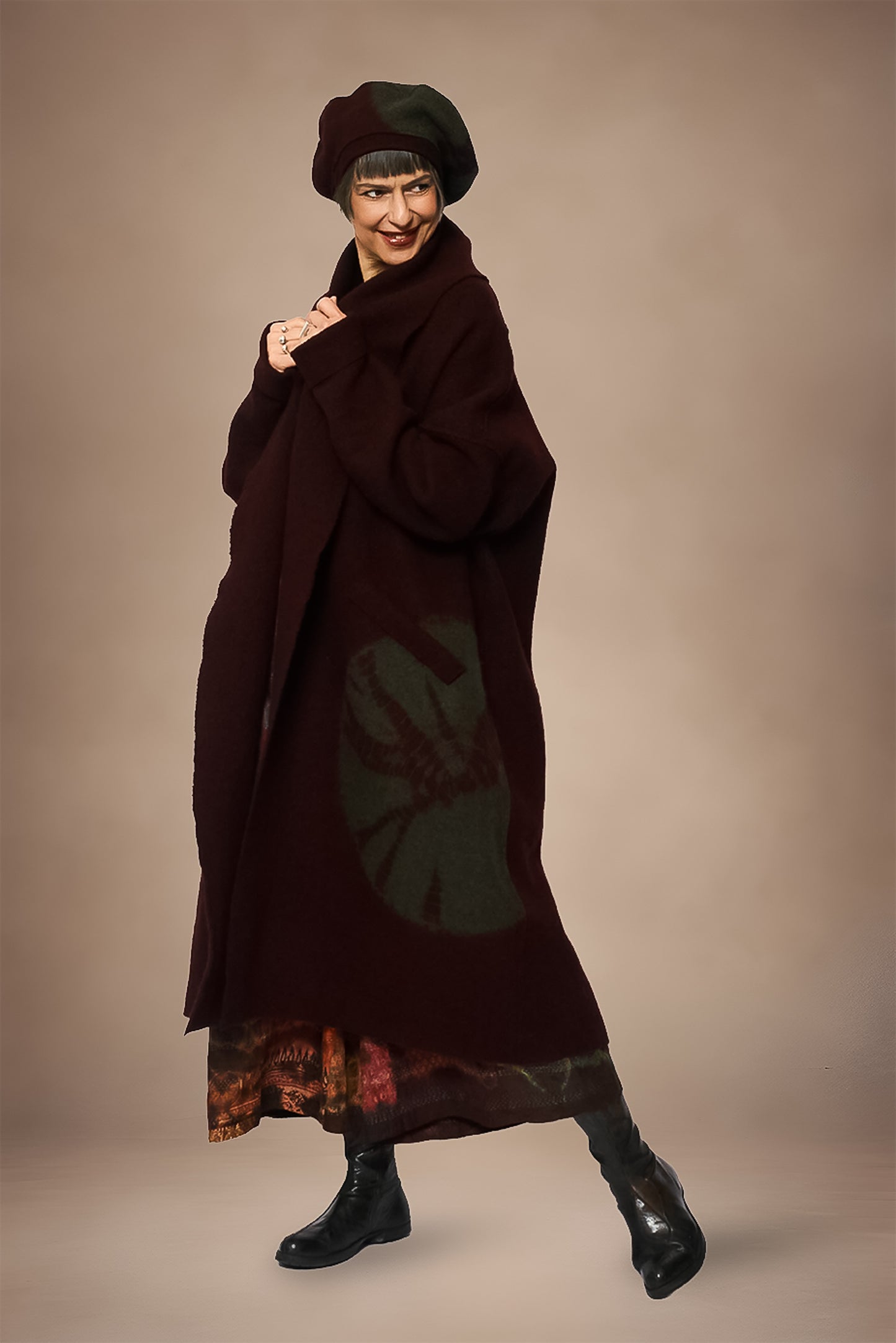 CIRCLE TIE DYE BOILED WOOL NEW SHAWL COAT LONG - tw1362-brn -