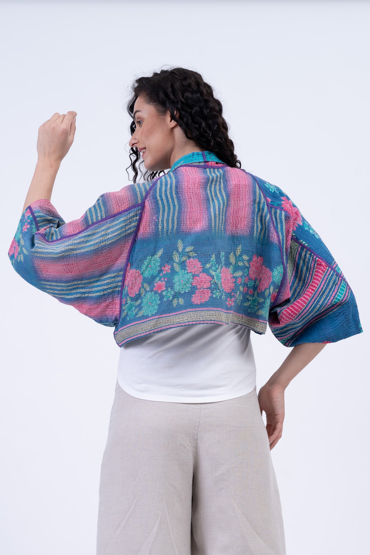 COTTON OVERDYE KANTHA PUFF SLV. SHRUG - ov2062-cblu005a -