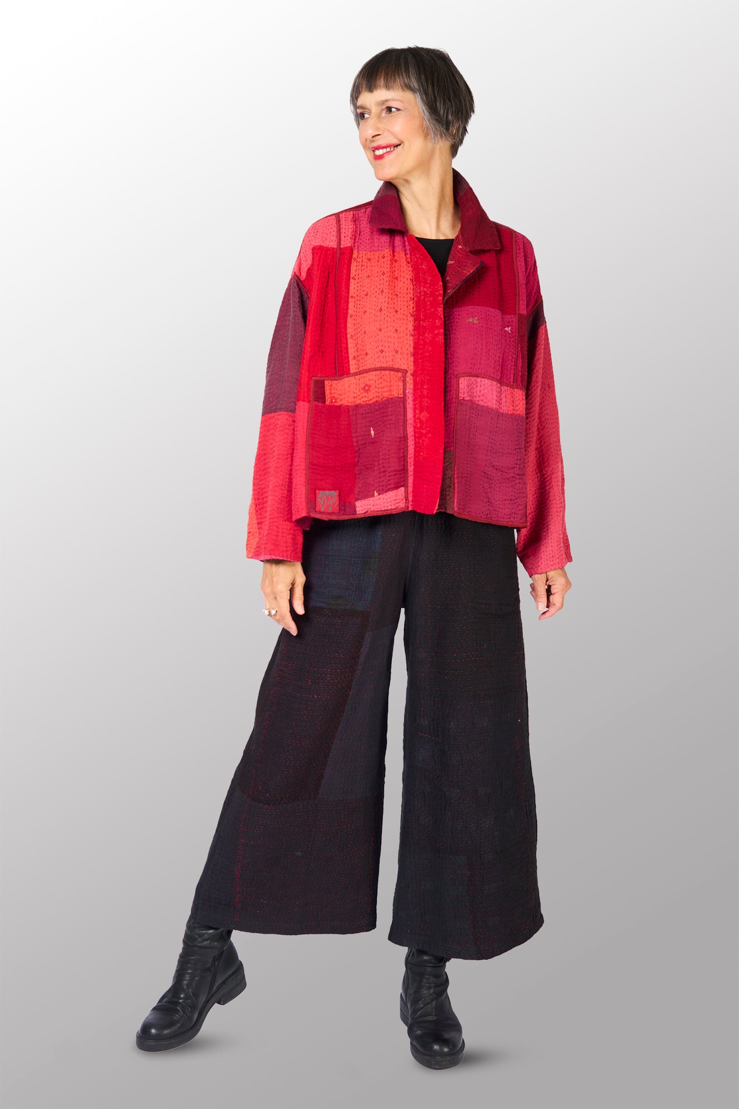 STRIPE AND CHECK COTTON SILK PATCH KANTHA CROPPED SHIRT JACKET - ss4075-red -