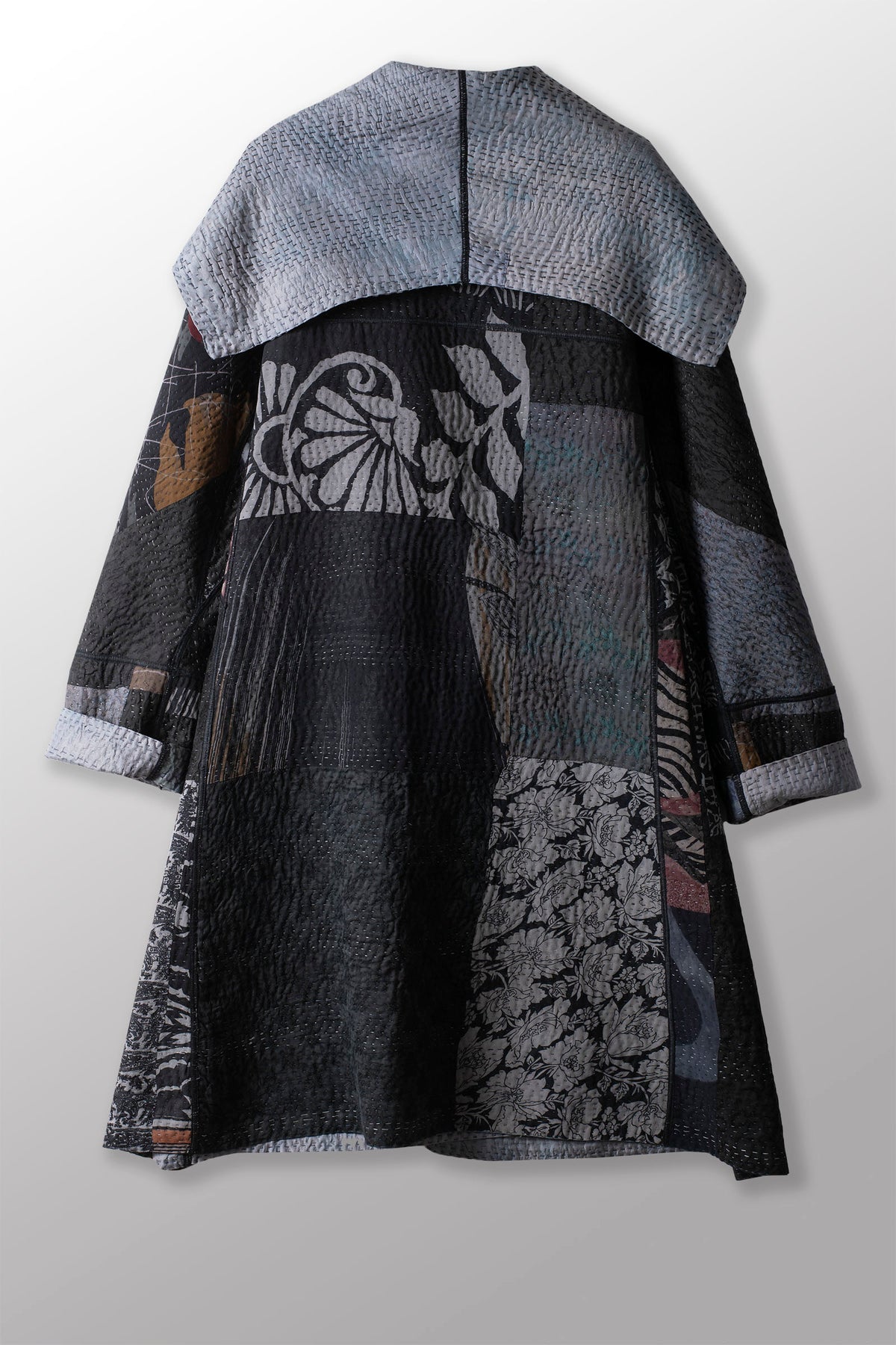 GEORGETTE JACQUARD VINTAGE SILK PATCH KANTHA A-LINE COAT - gj4309-blk -
