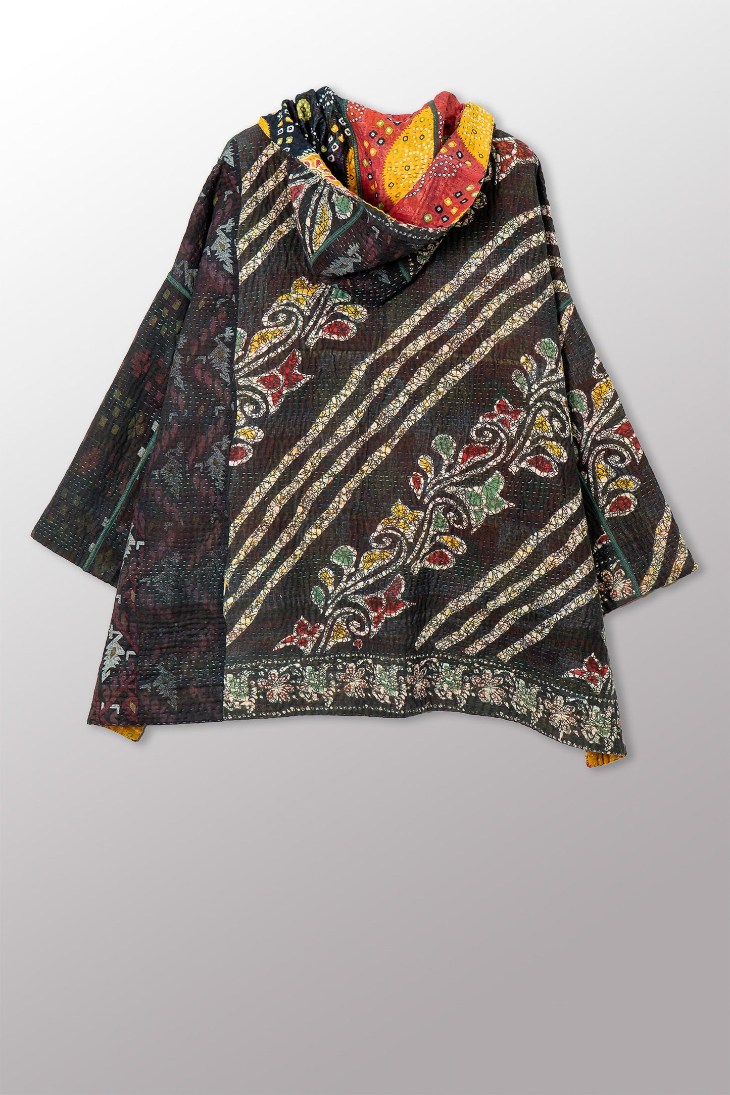 VINTAGE COTTON KANTHA HOODIE PONCHO - cv4064-0037a -