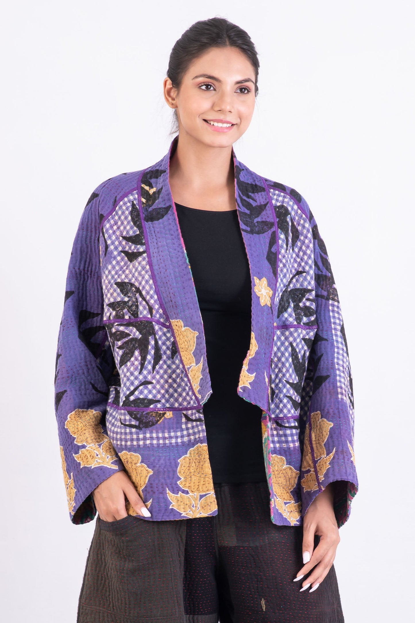 VINTAGE COTTON KANTHA DOLMAN SHORT JKT - cv4015-0024l -