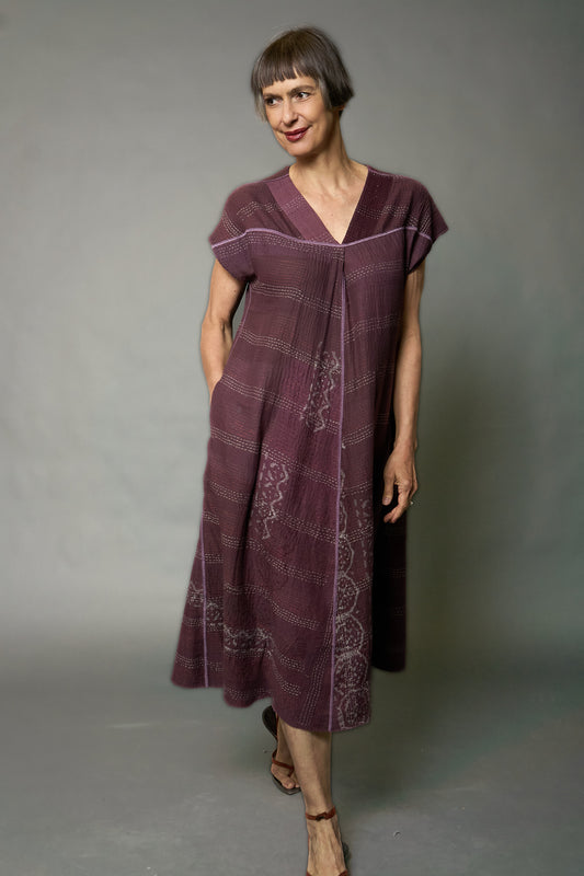 MOSAIC FRAY PATCH KANTHA V-NECK FRENCH SLV. DRESS - zb2467-prp -