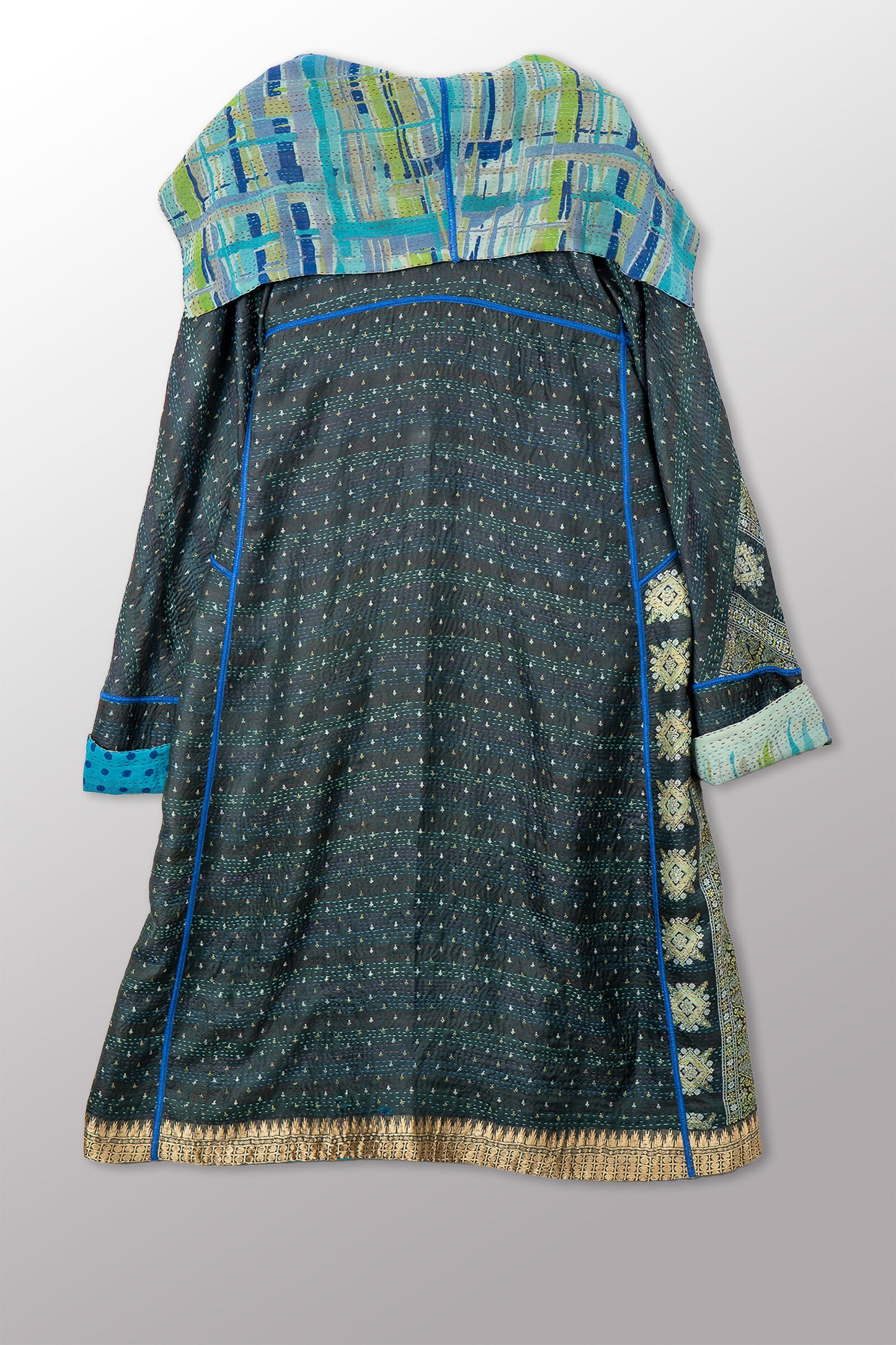 VINTAGE SILK GEORGETTE KANTHA A-LINE LONG COAT - sg2302-0002a -