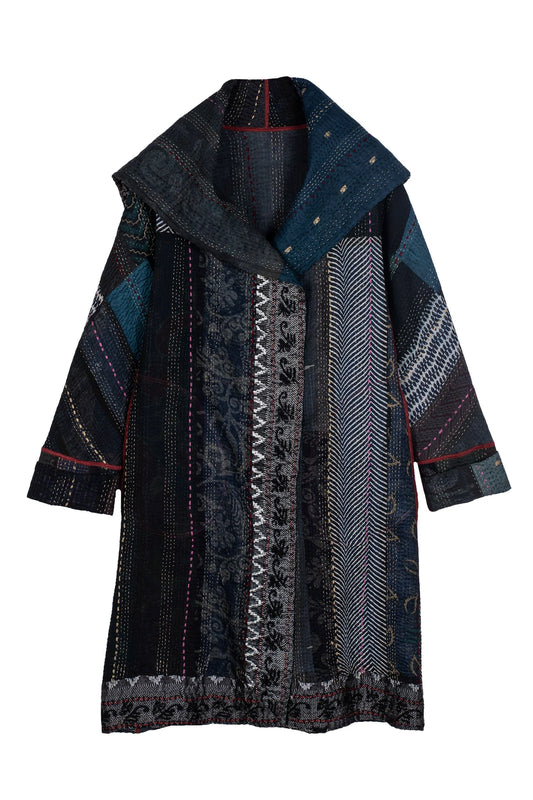 STRIPE RALLIS KANTHA A-LINE COAT - pr4309-blk -