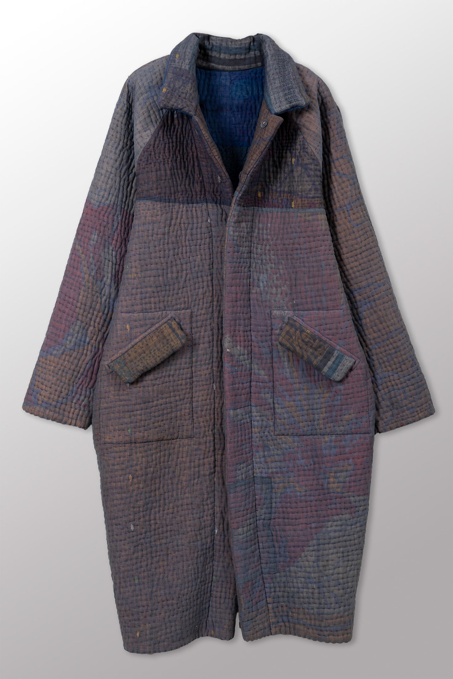 QUILTED OVERDYE COTTON KANTHA RAGLAN SLEEVE COAT - oq5337-cblu003m -