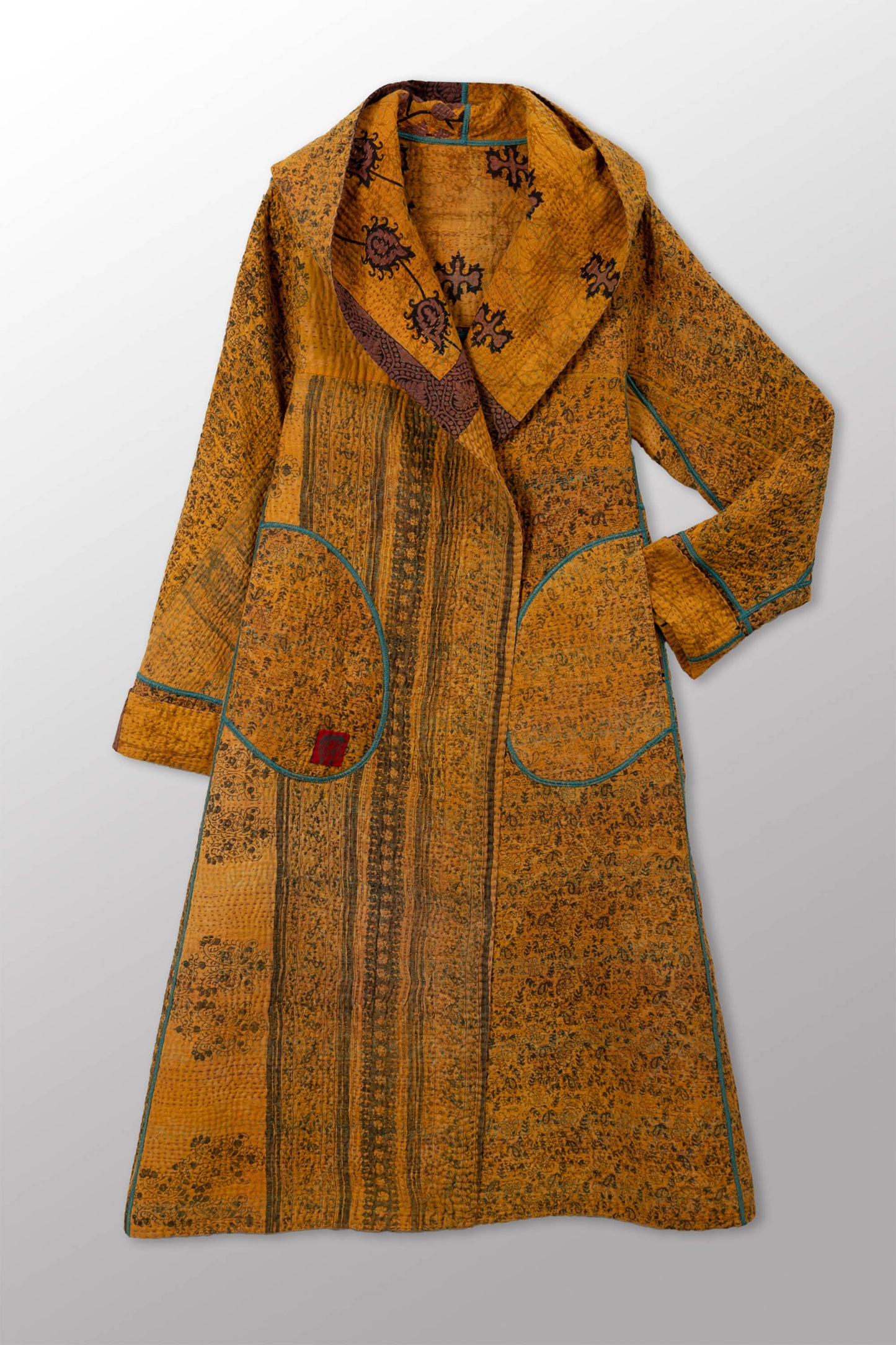 COTTON OVERDYE KANTHA HOODED A-LINE LONG COAT - ov4306-cylw001a -