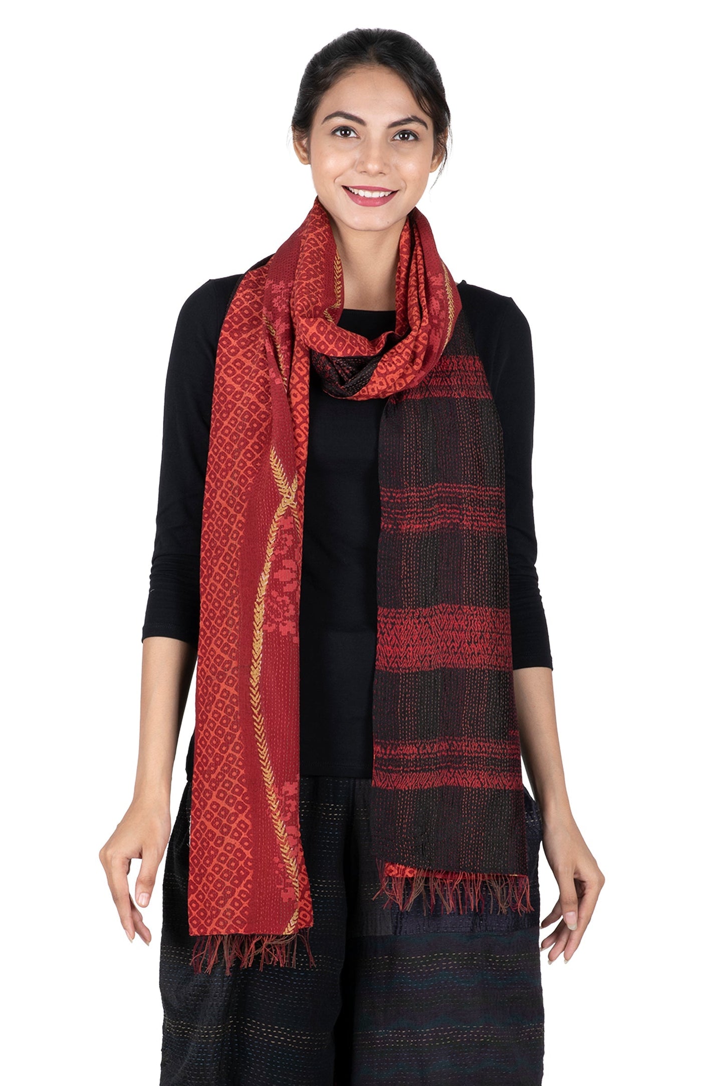 KIMONO PRINT KANTHA SCARF STANDARD - kp2801-red -