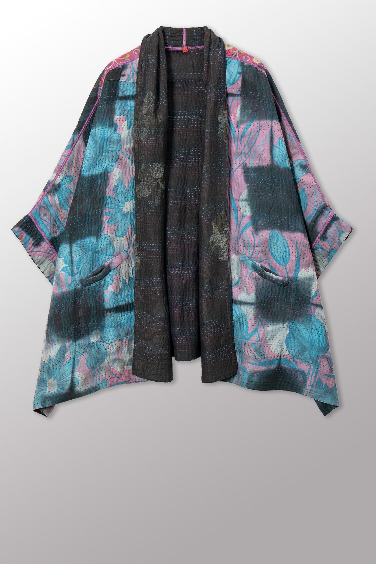 VINTAGE COTTON GREY CLAMP TIE DYE KANTHA DOUBLE COLLAR PONCHO - su4323-0003a -