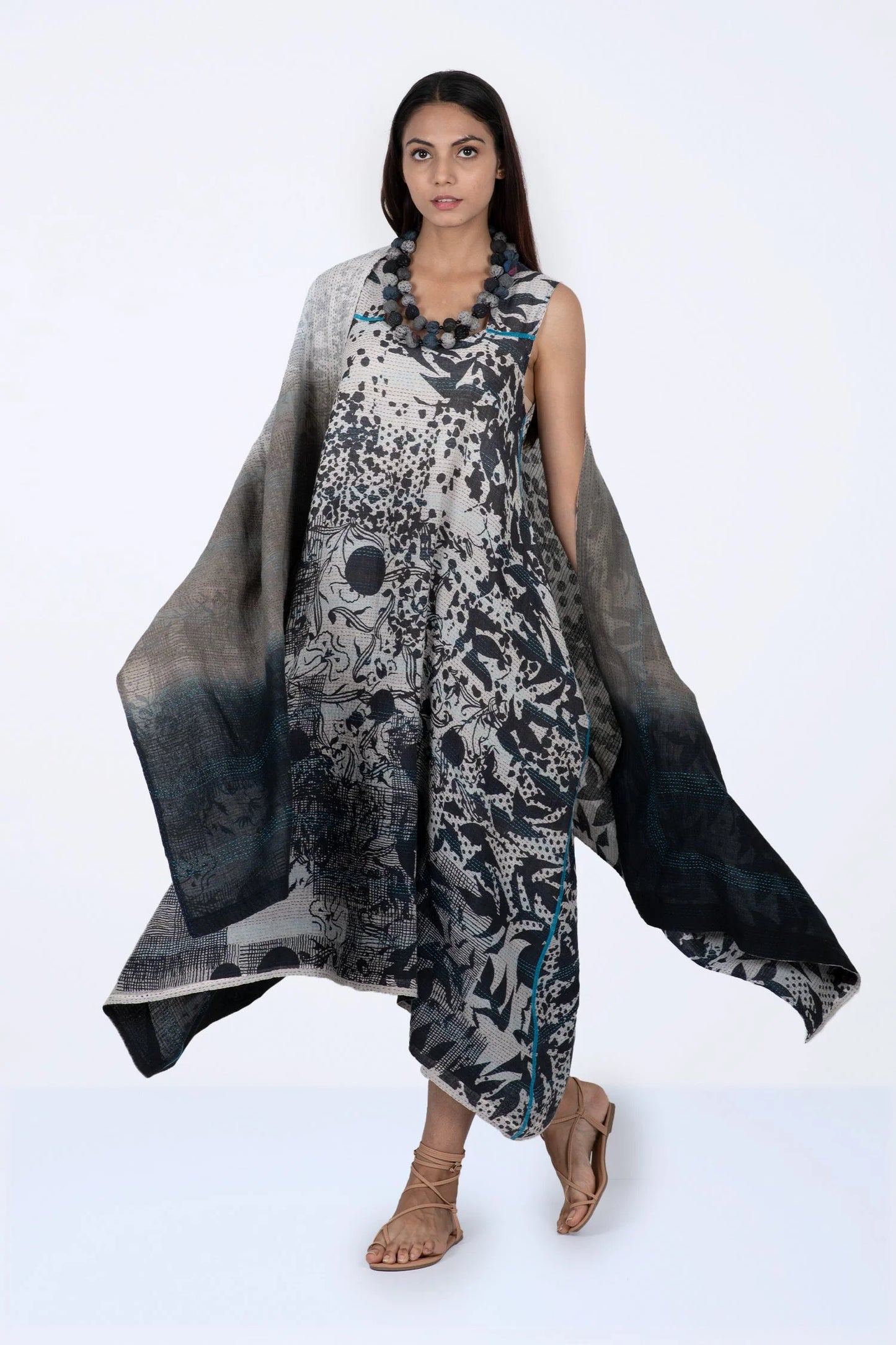 MONOTONE TWILIGHT PRINT KANTHA TENT DRESS - tp2413-wht -