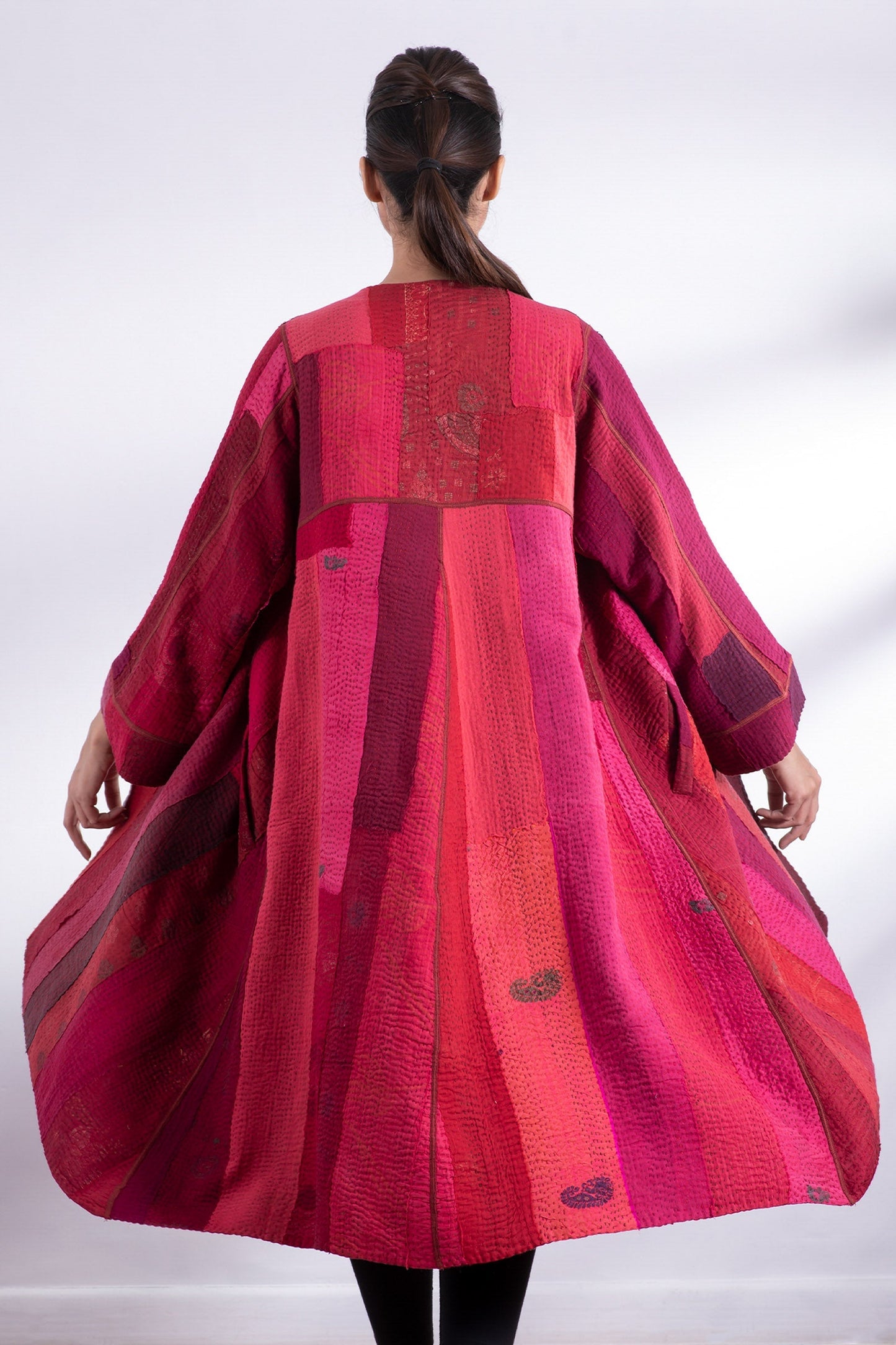 STRIPE AND CHECK COTTON SILK PATCH KANTHA  WRAP FLARE COAT - ss4330-red -