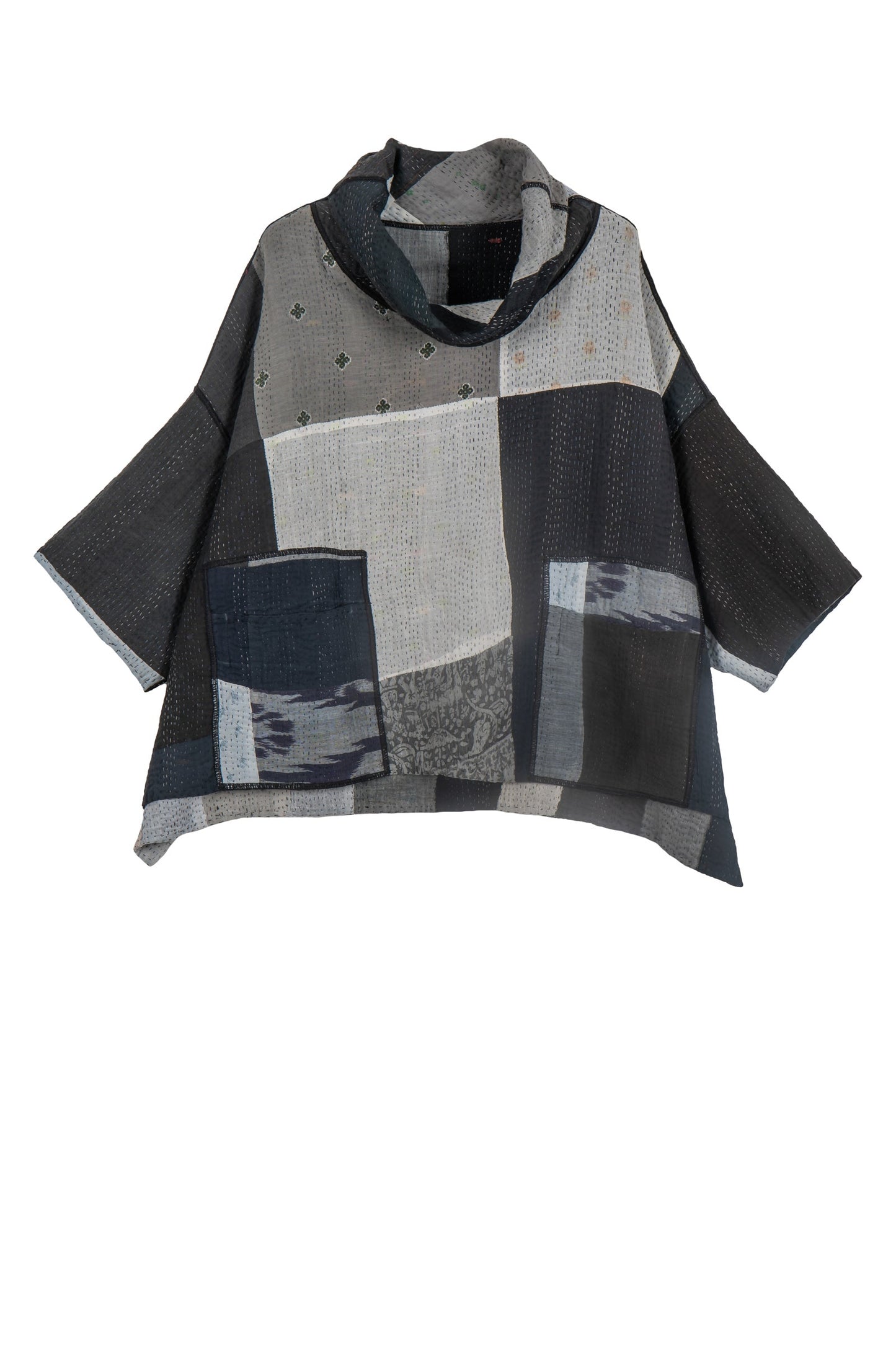 STRIPE AND CHECK COTTON SILK PATCH KANTHA COWL NECK PONCHO - ss4061-blk -