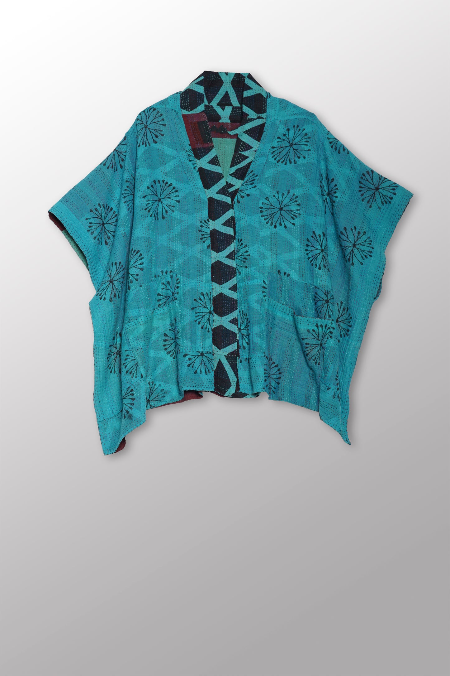 VINTAGE COTTON & NEW VOILE KANTHA PONCHO TOP - cn2568-0002a -