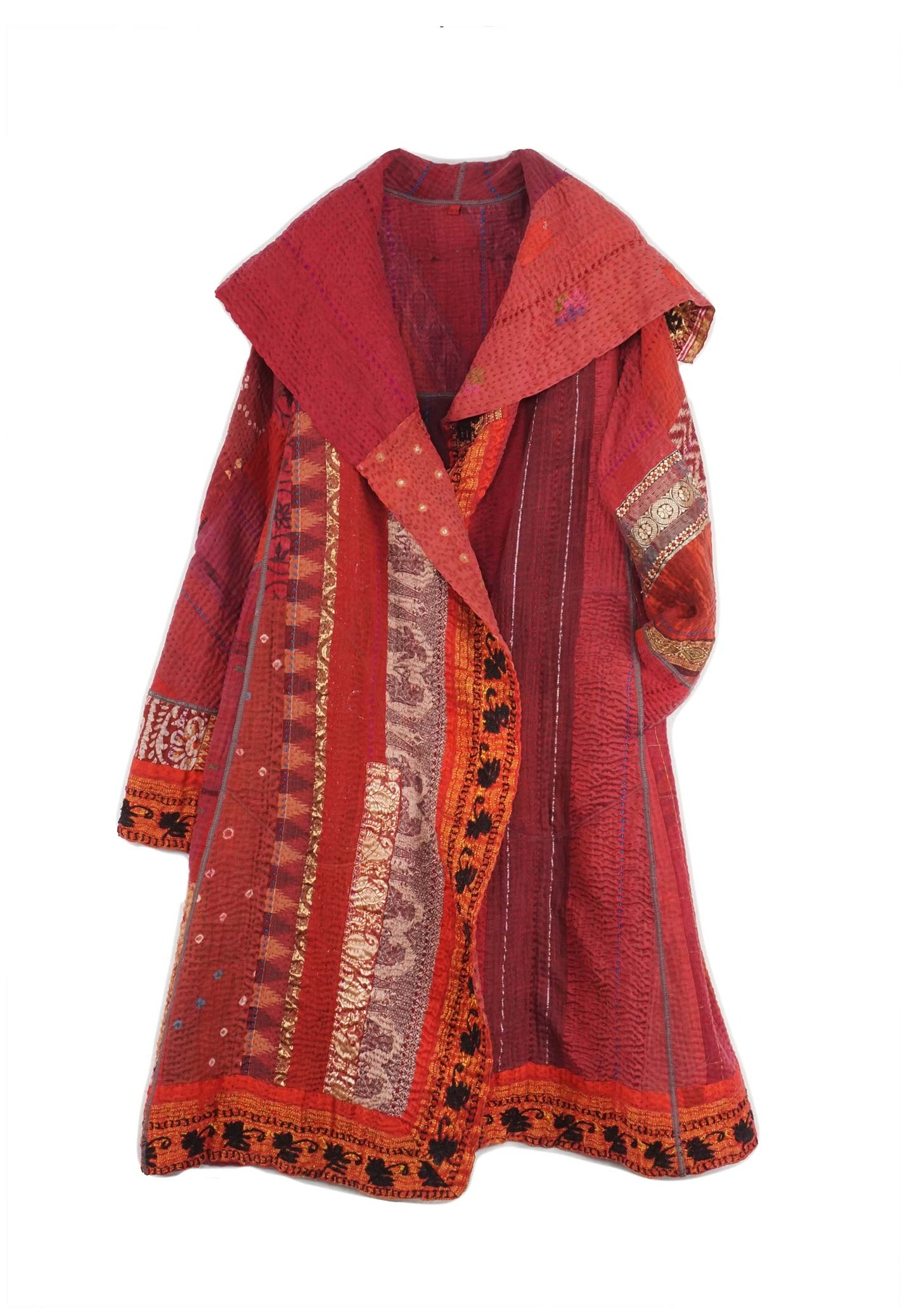STRIPE RALLIS KANTHA A-LINE COAT - pr4309-red -