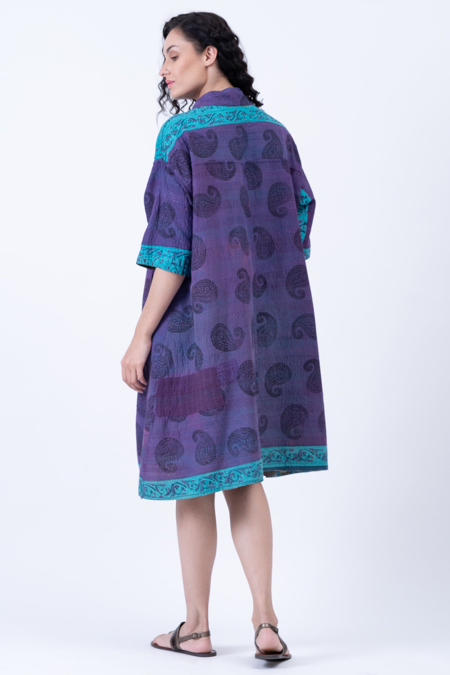 COTTON OVERDYE KANTHA 3/4 SLV. SHIRT DRESS - ov2459-cblu001m -