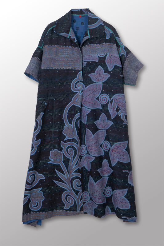 VINTAGE COTTON & NEW VOILE KANTHA WING COLLAR DRESS - cn2454-0003a -