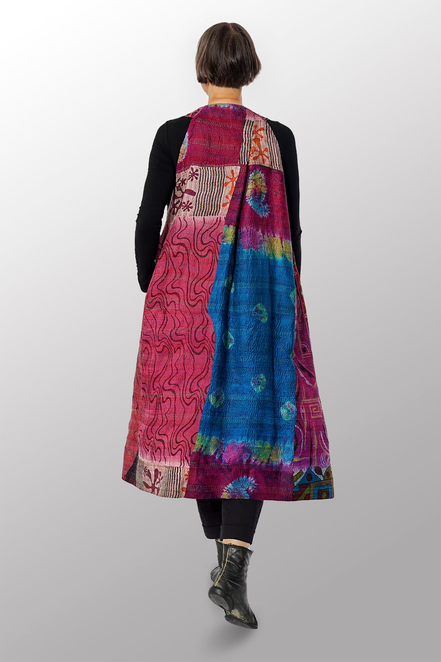 VINTAGE SILK KANTHA BACK PLEATED VEST MAXI - sv2222-0009a -