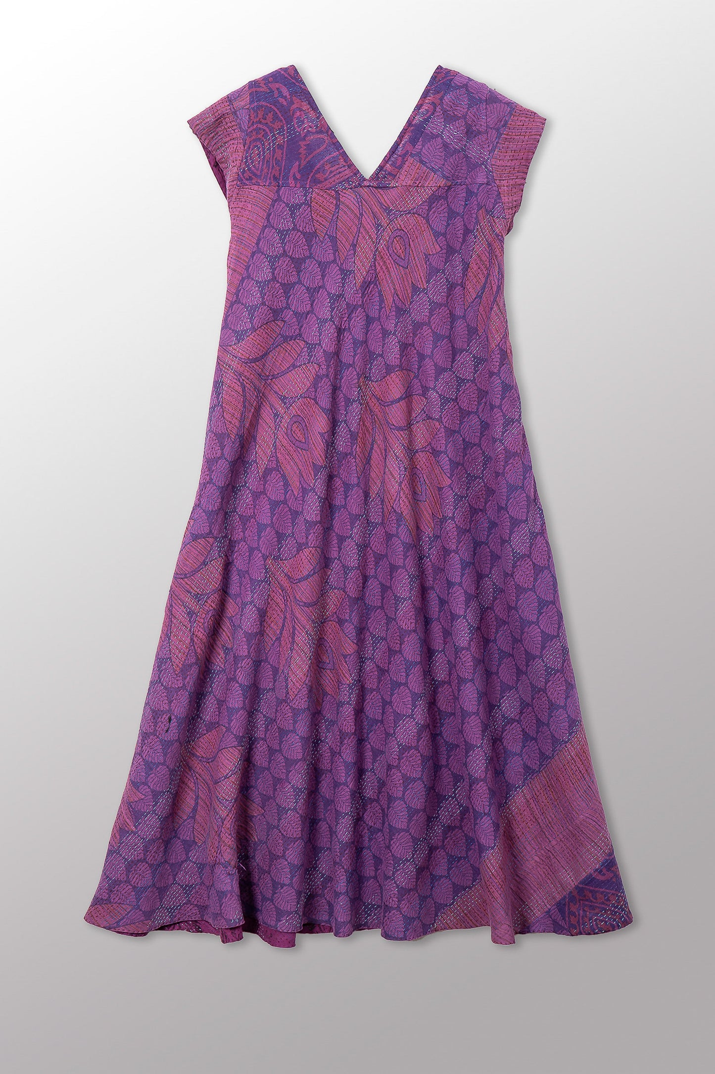 VINTAGE COTTON & NEW VOILE KANTHA CAP SLV. FLARE DRESS - cn2425-0010m -