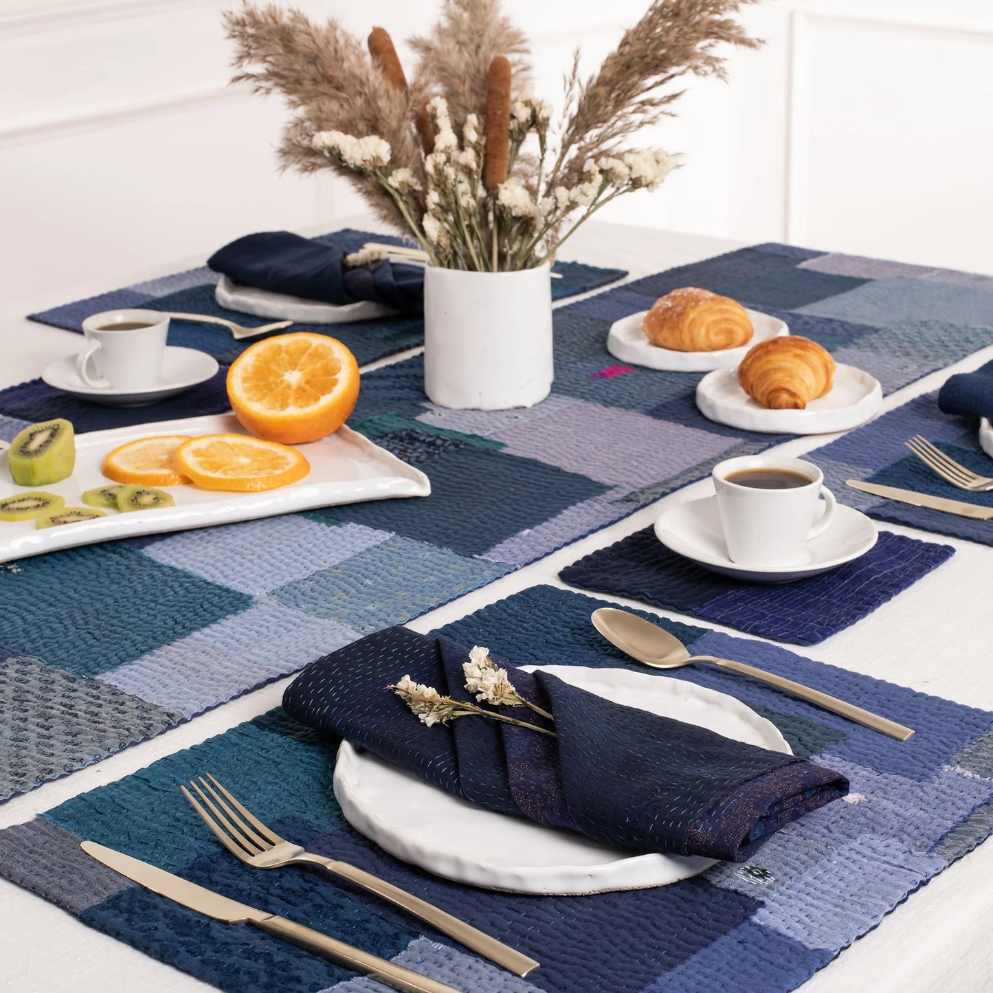 Landscape Fray Patch  Vintage Kantha Placemat - Navy (Set of 2)