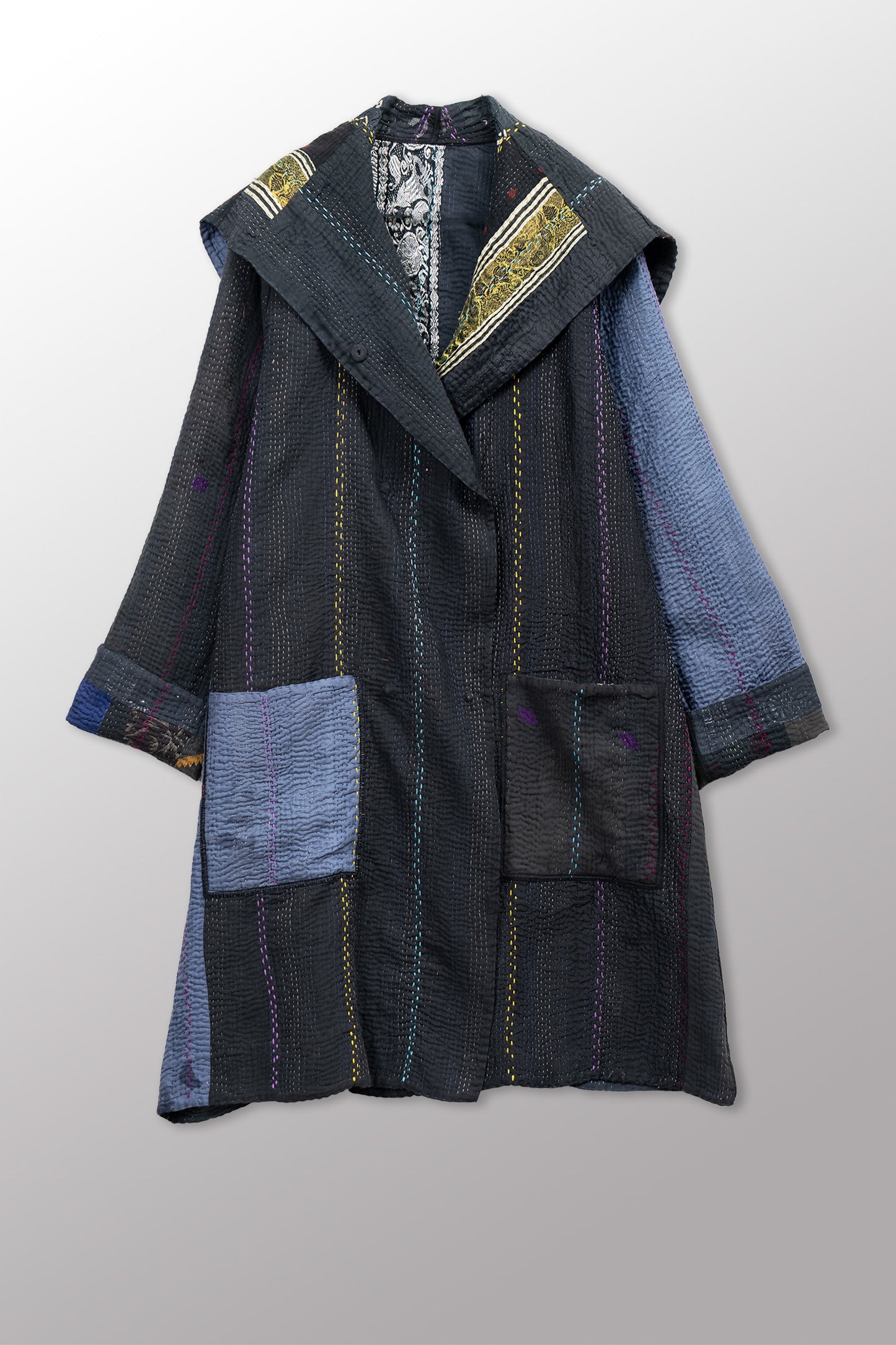 JEWEL WOVEN WITH VERTICAL PATCH KANTHA POCKET MEDIUM COAT - jv4316-blk -