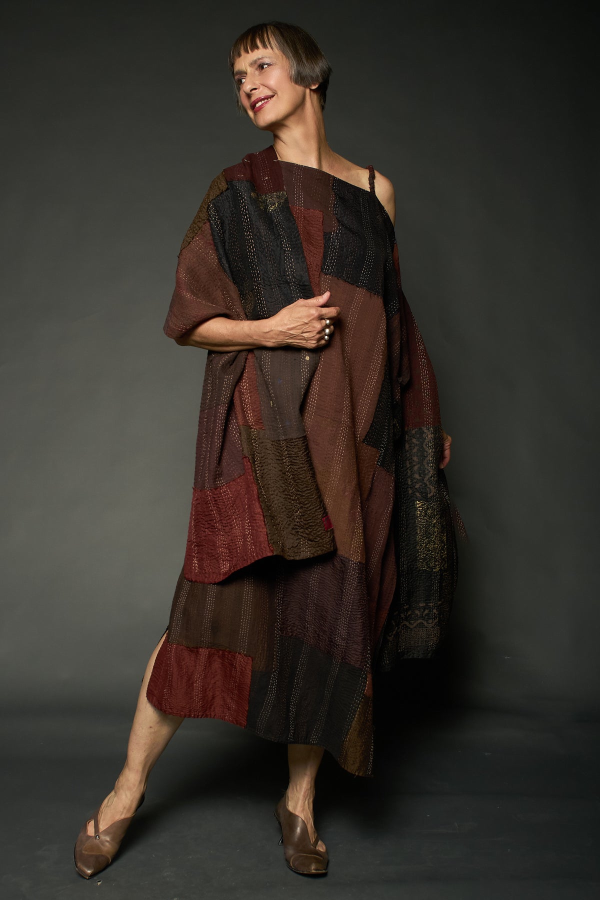 HALF SILK PATCH KANTHA SCARF STANDARD - hs2801-brn -