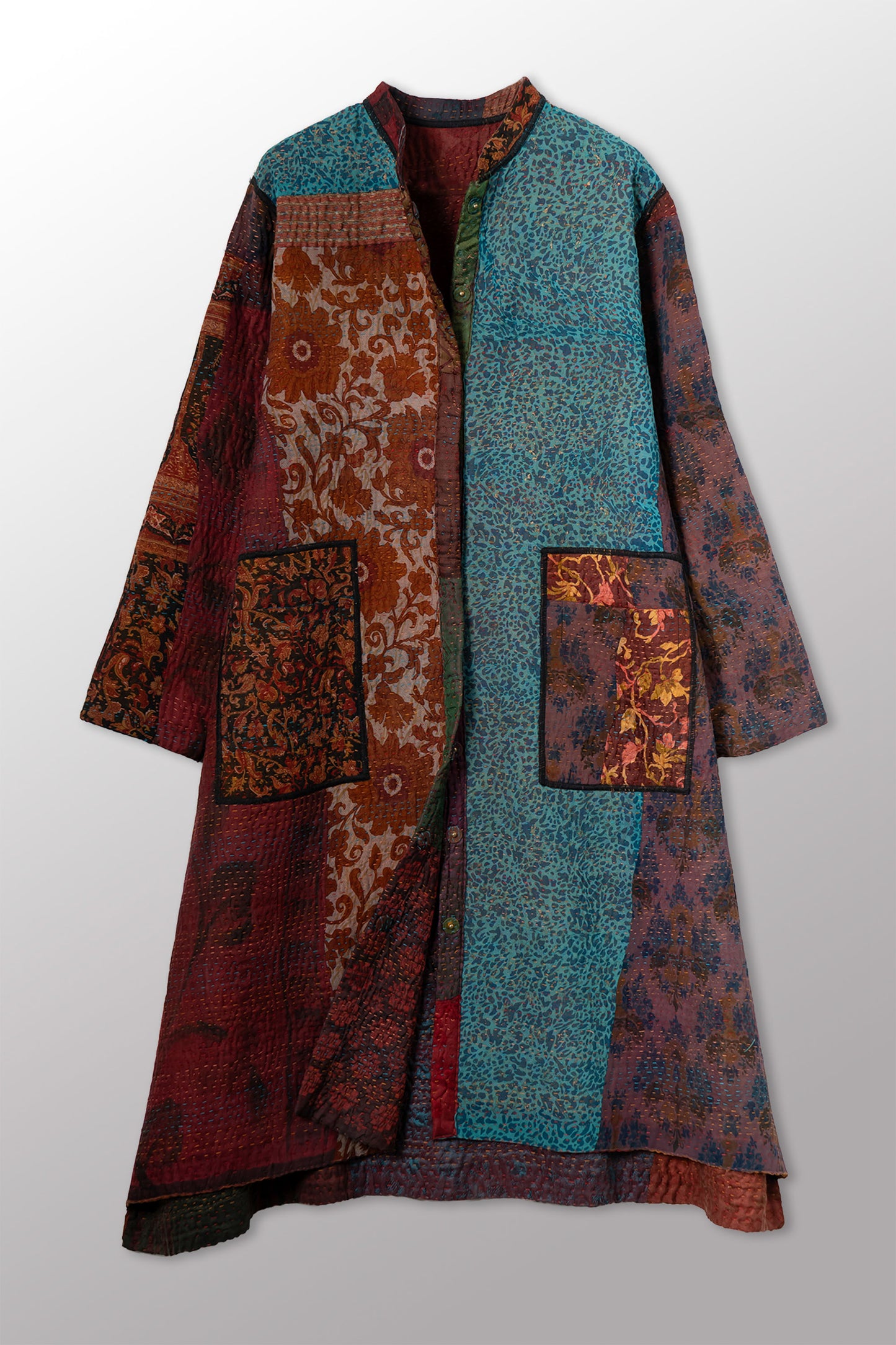 JACQUARD SILK KANTHA KAFTAN COAT - js4343-cbrn001s -