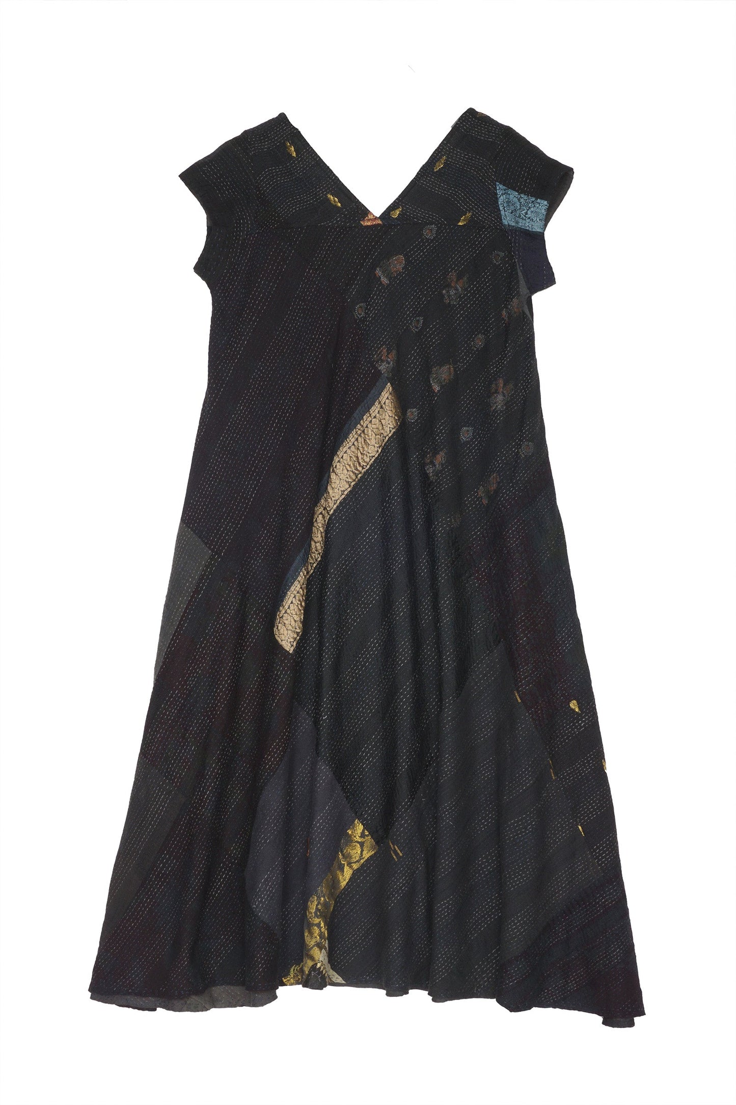 COTTON SILK SW PATCH KANTHA CAP SLV. FLARE DRESS - ws2425-blk -