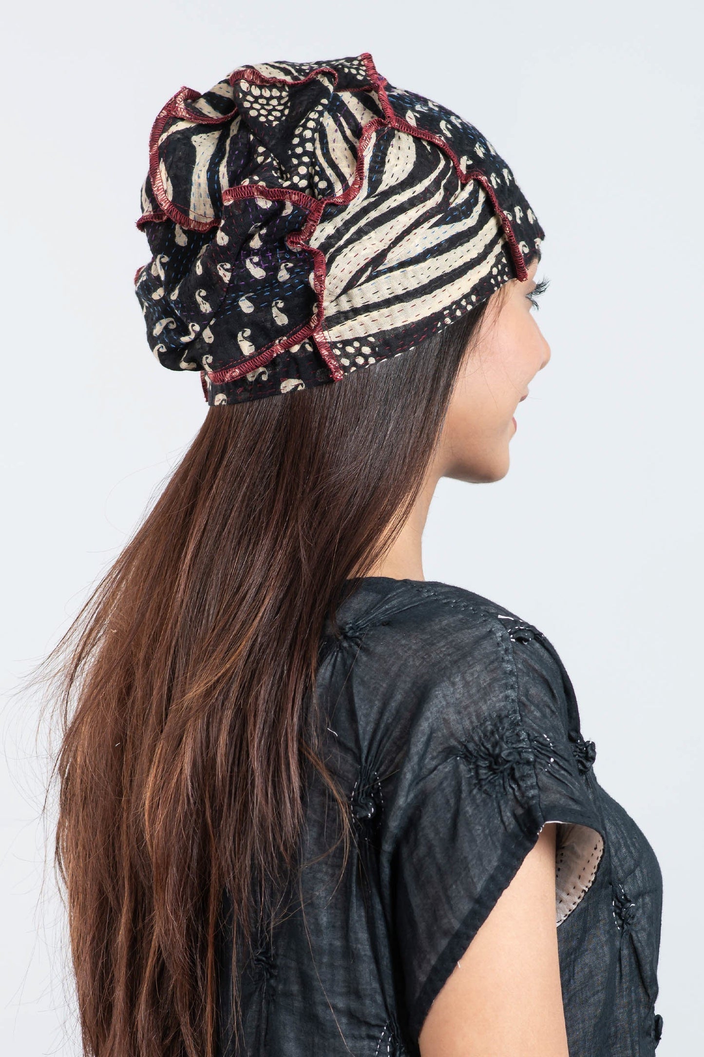 PATCHED PRINT KANTHA PATCHWORK HAT - pp2880-blk -