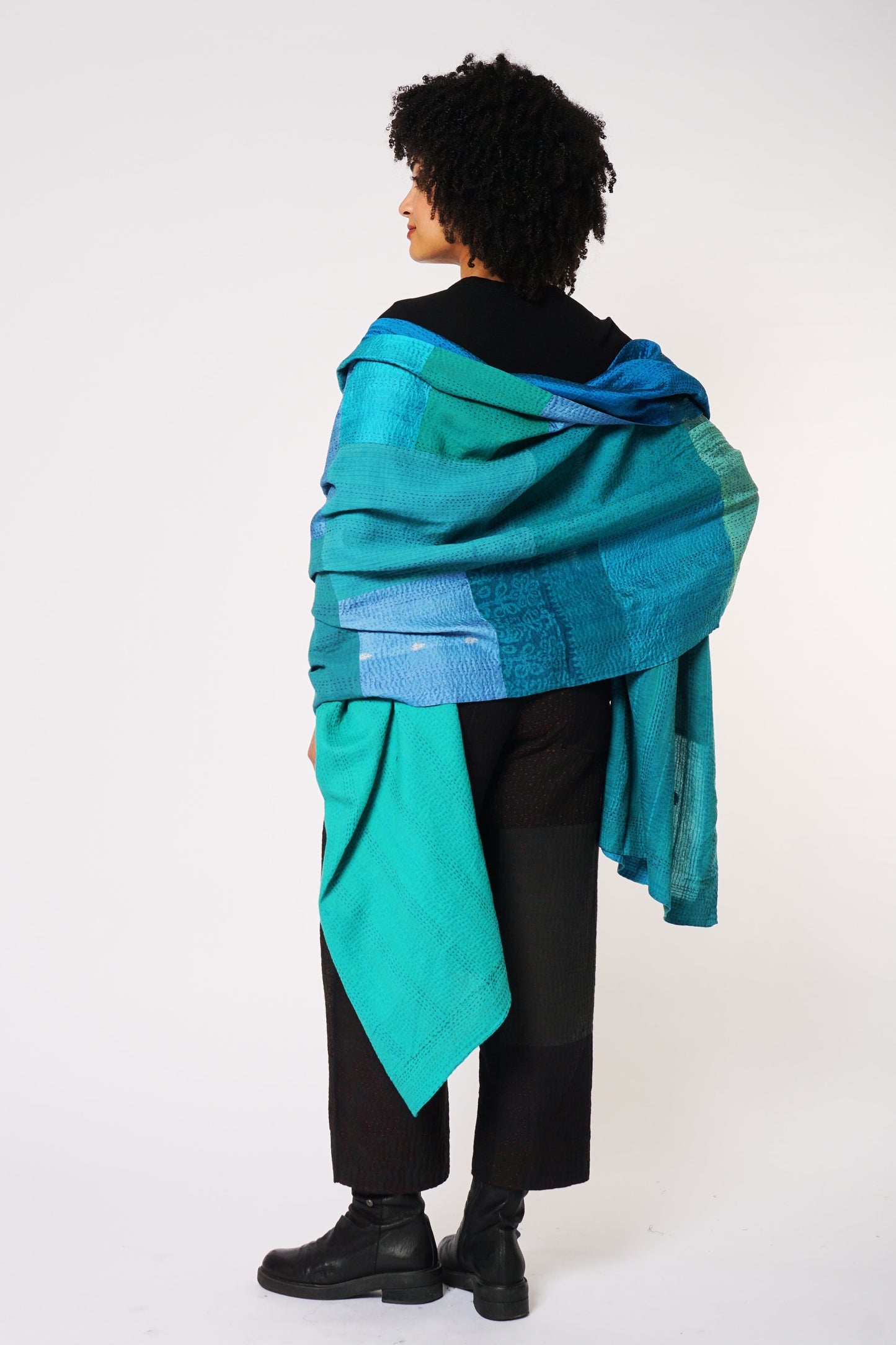 COTTON SILK SW PATCH KANTHA SHAWL LARGE - ws2803-tuq -