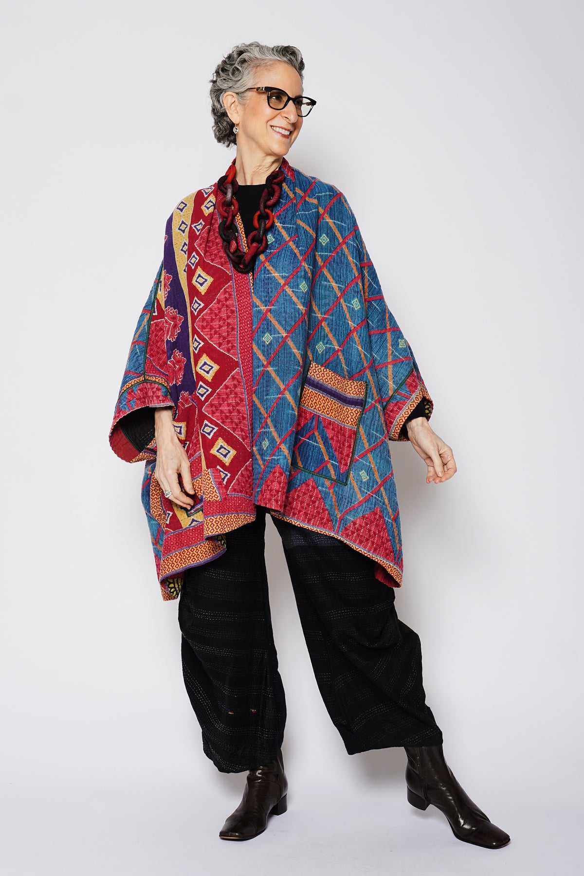 VINTAGE COTTON KANTHA DOUBLE COLLAR PONCHO - cv4323-0065a -