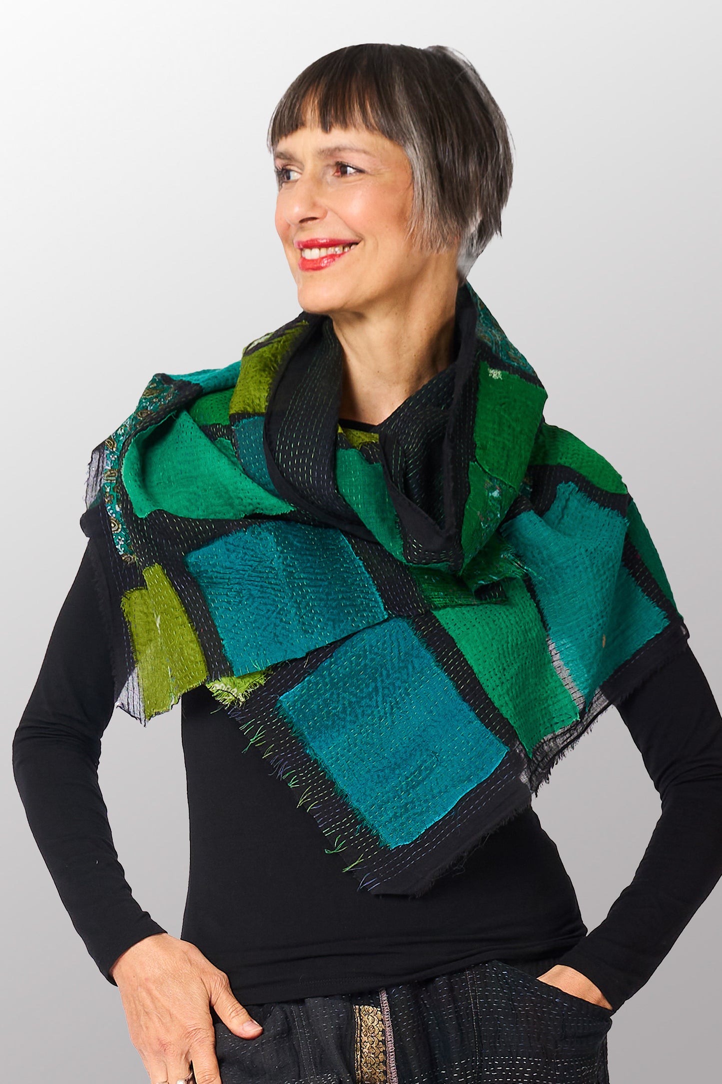 TONAL TILE PATCH KANTHA SCARF STANDARD - tt2801-ngy -