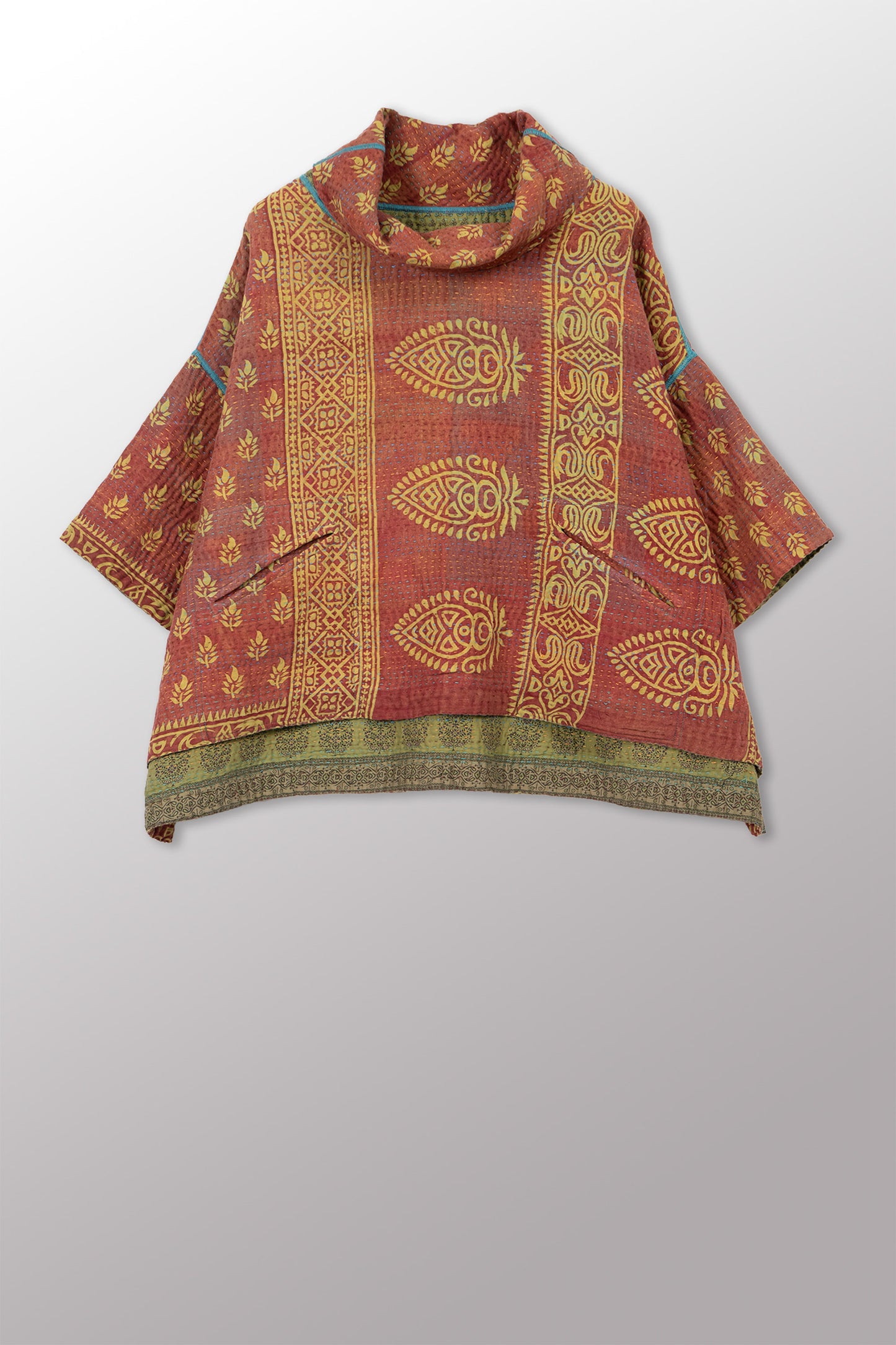 COTTON OVERDYE KANTHA COWL NECK PONCHO - ov4061-cgrn001a -