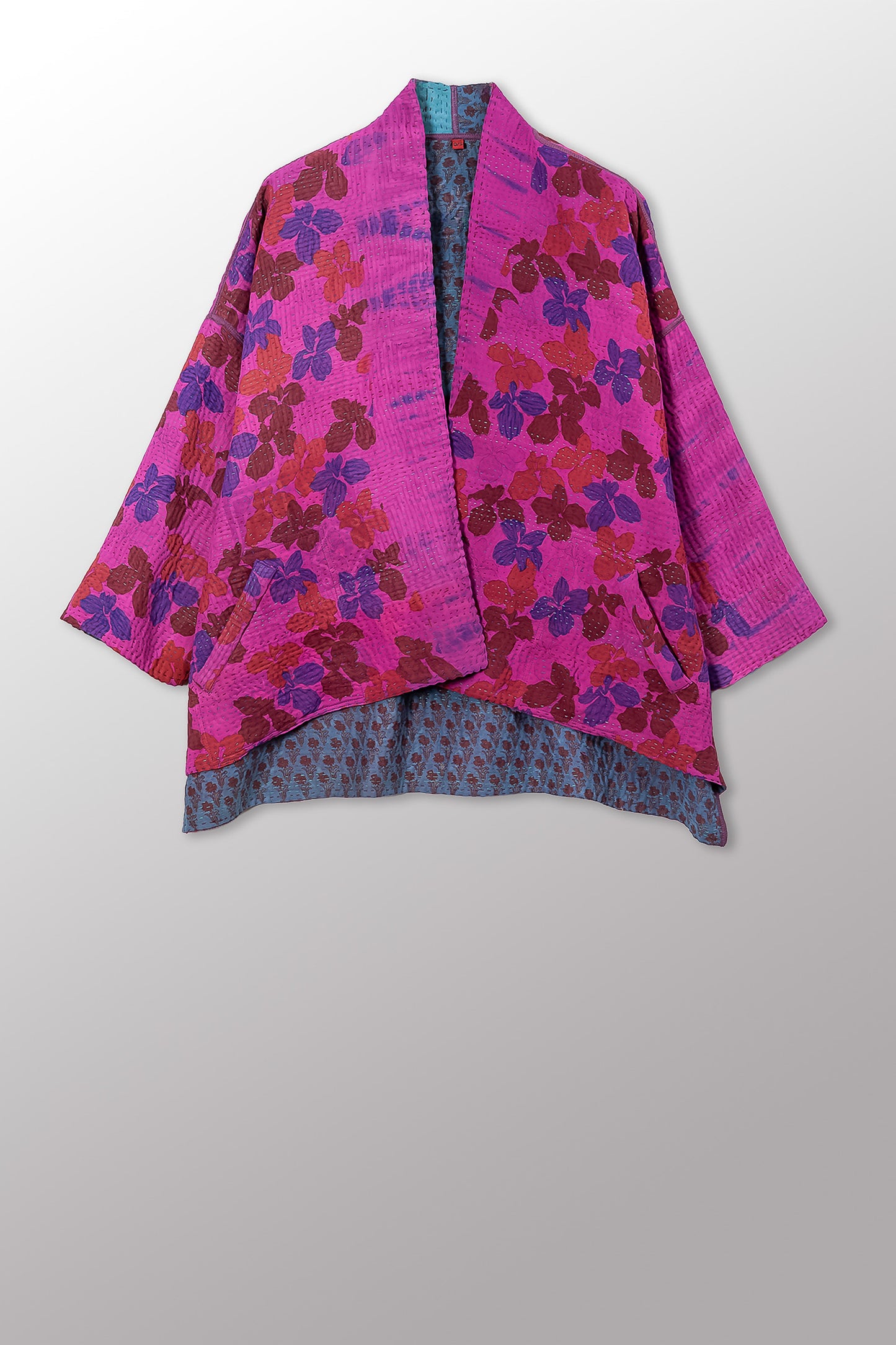 VINTAGE SILK GEORGETTE COTTON KANTHA MINI KIMONO JACKET - gc4055-0001a -
