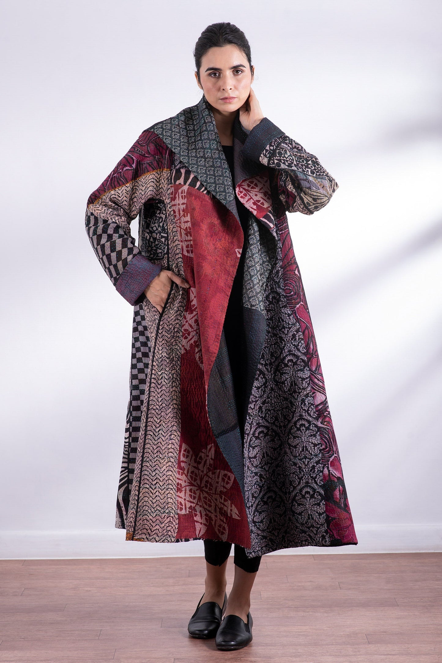 JACQUARD SILK KANTHA A-LINE LONG COAT - js4302-blk -