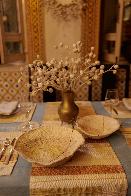 Handcrafted Kantha (metallic kantha) Shallow Bowl -Ivory