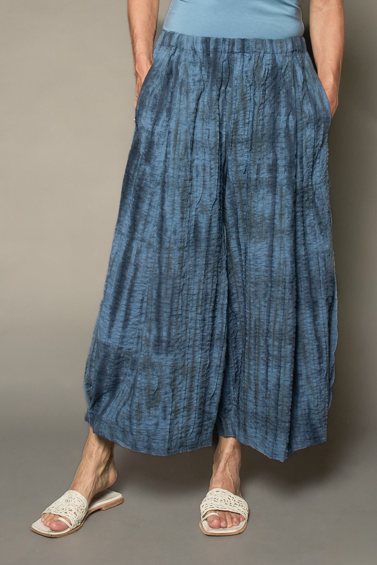 DOUBLE TIE DYE RIPPLE TUCK WIDE LEG LANTERN PANTS - trw1646-gry -